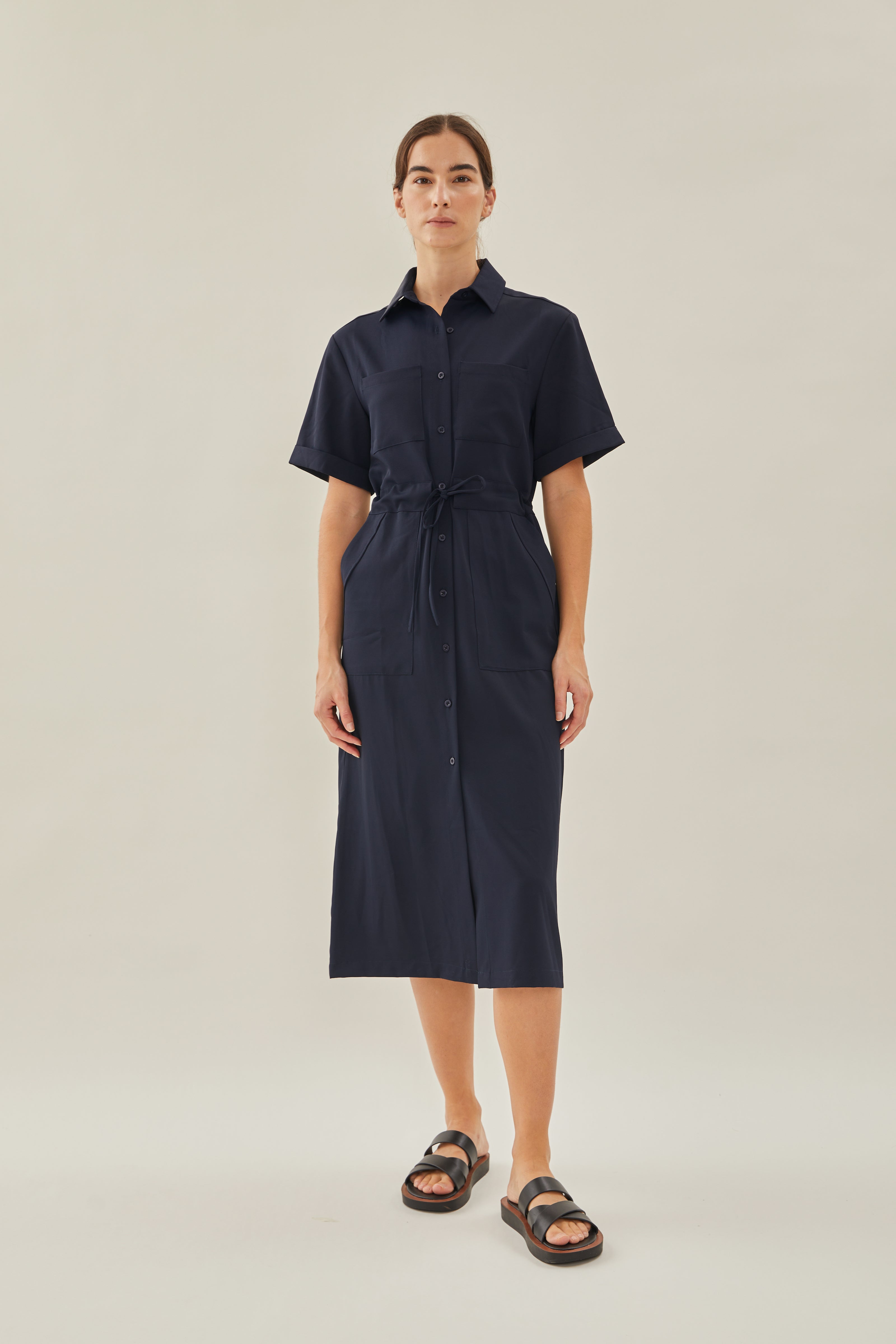 Belted Midi Shirt Dress in Dark Navy