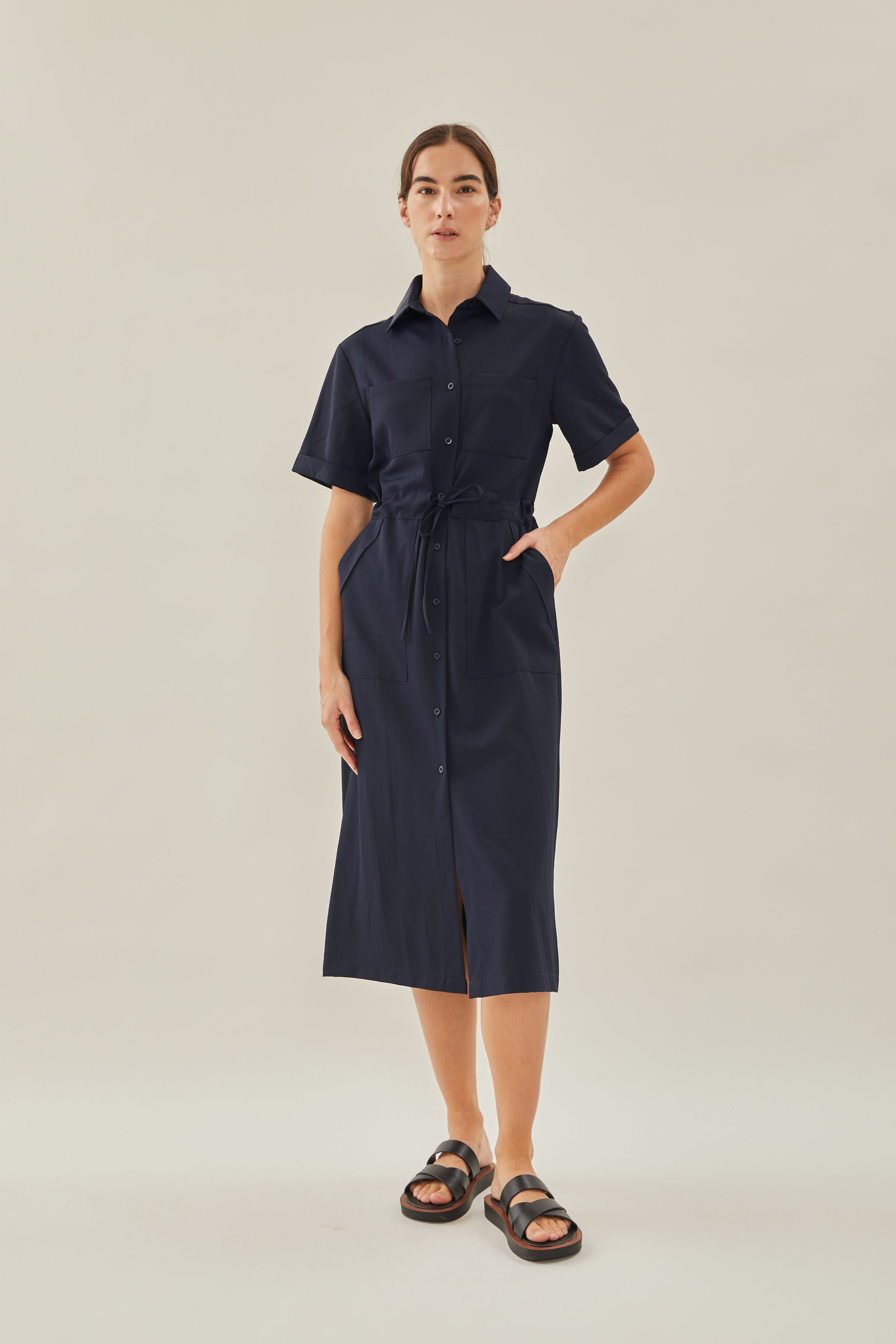 Belted Midi Shirt Dress in Dark Navy