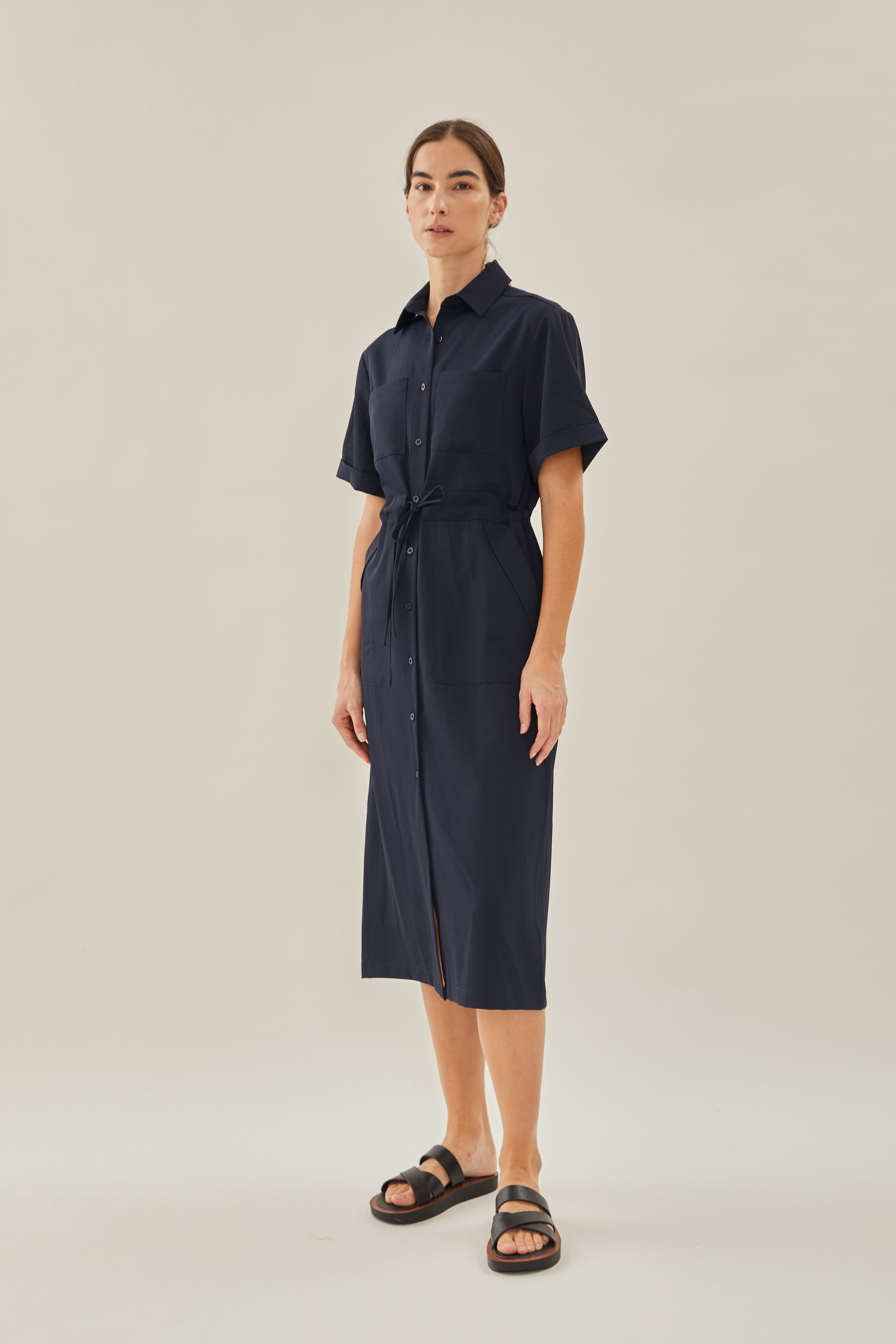 Belted Midi Shirt Dress in Dark Navy