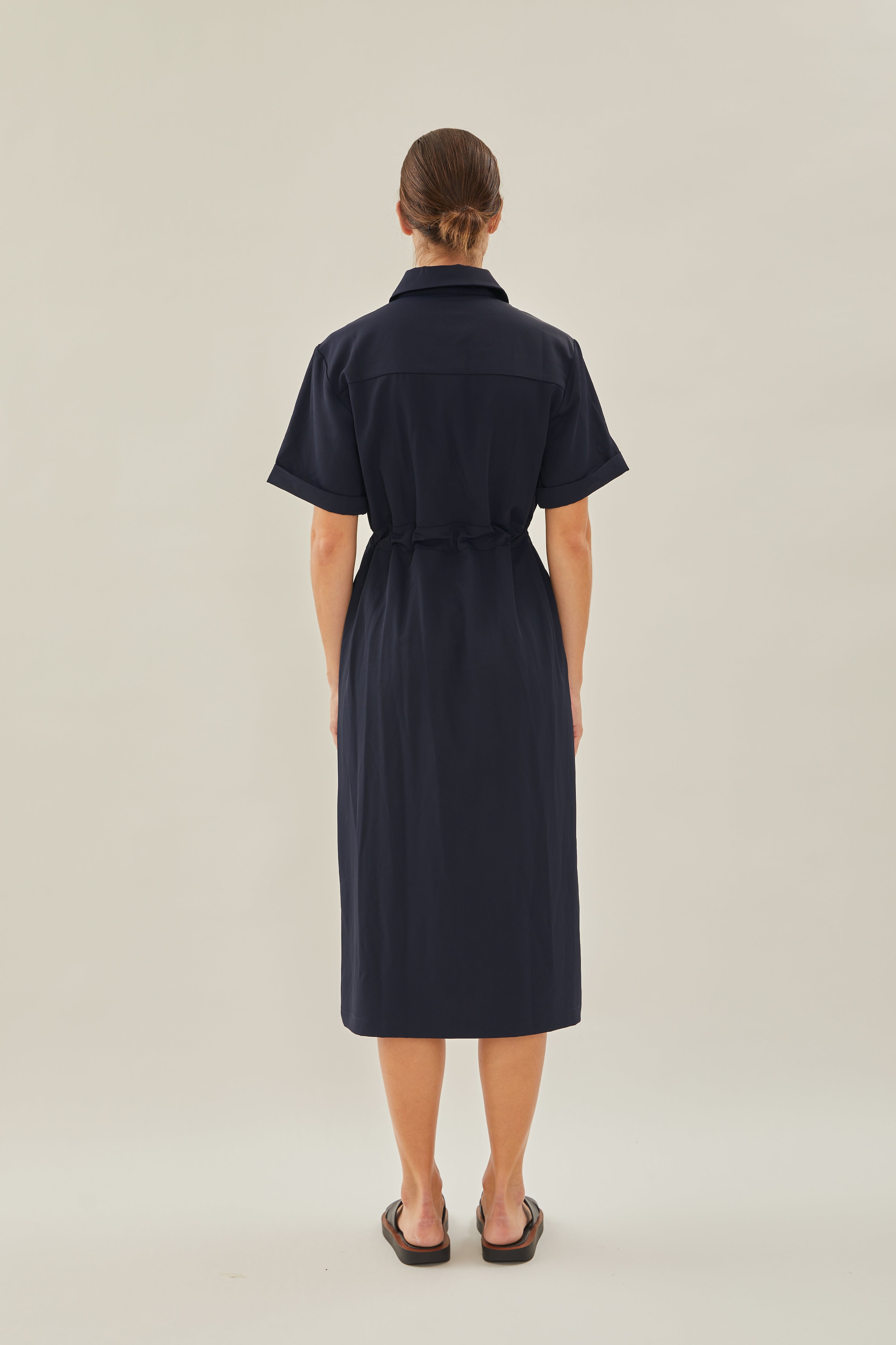 Belted Midi Shirt Dress in Dark Navy