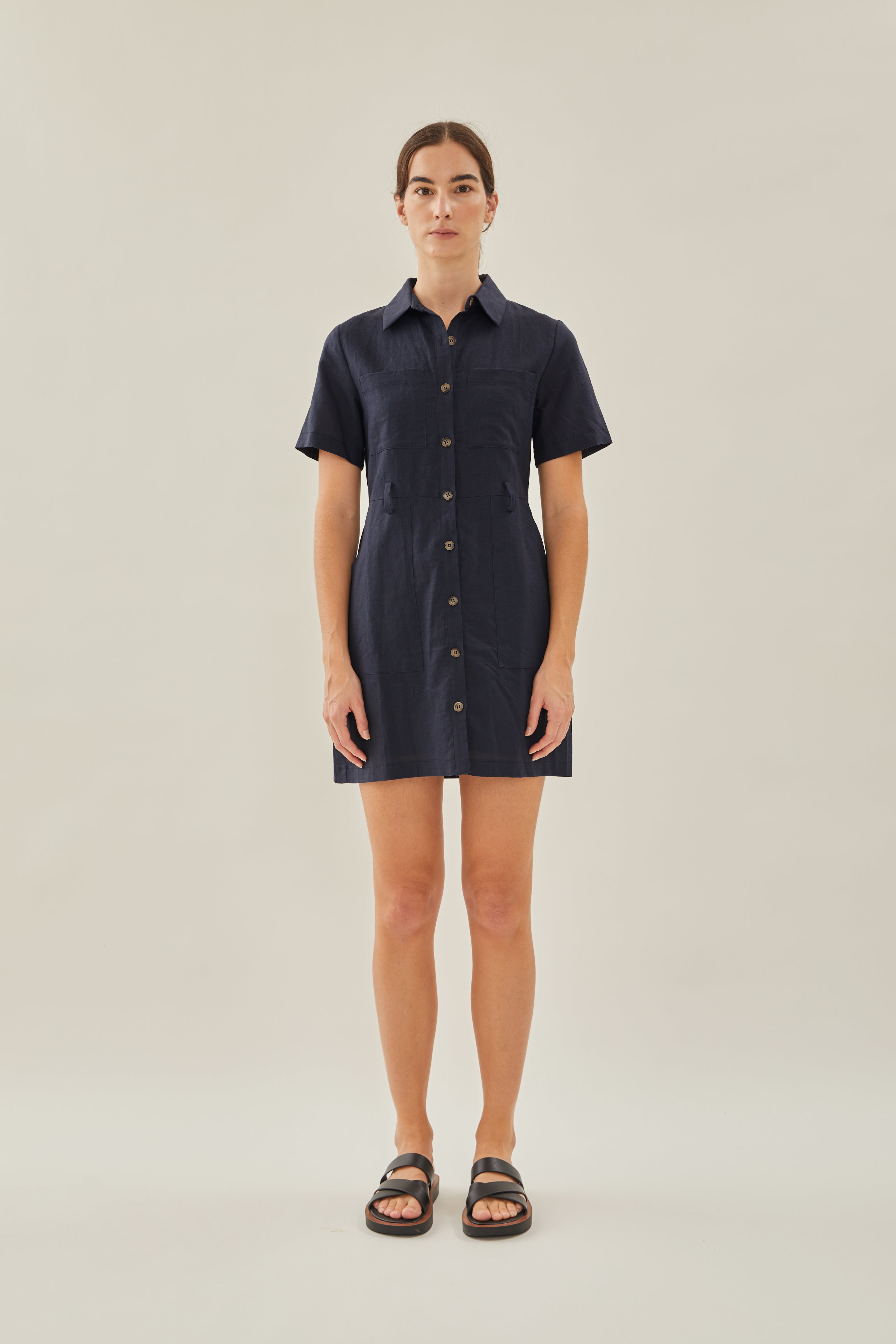 Linen Shirt Dress in Dark Navy