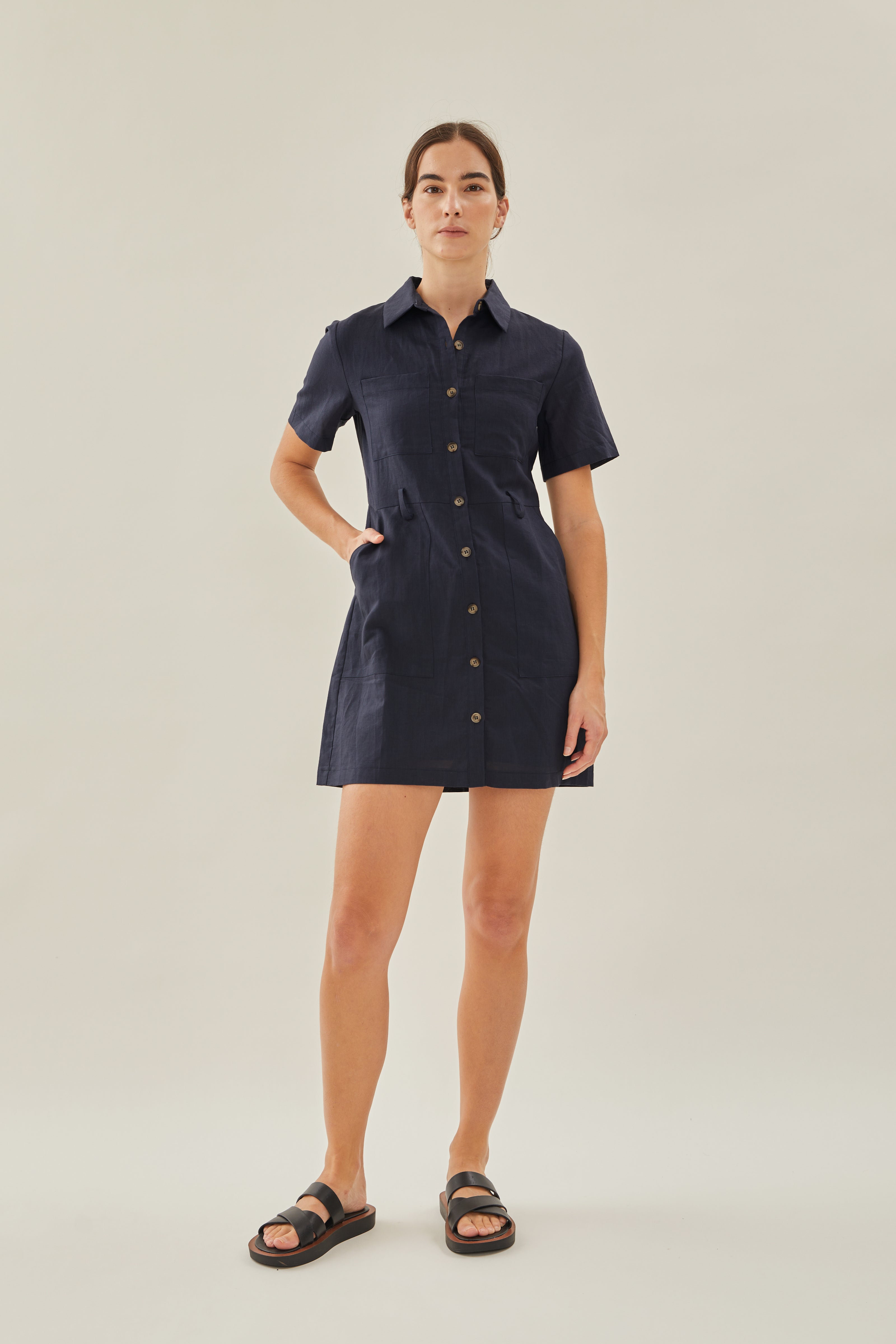 Linen Shirt Dress in Dark Navy