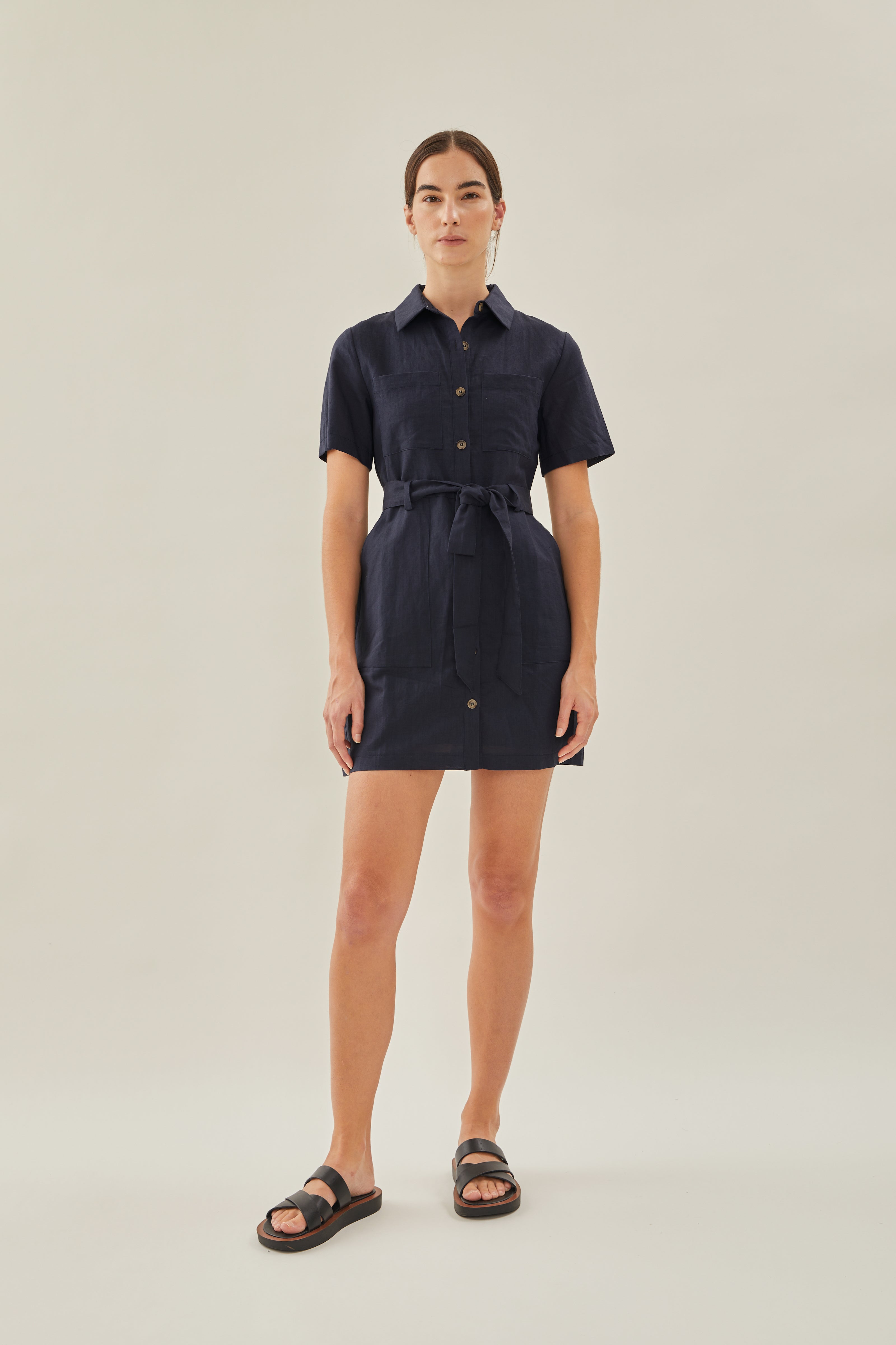 Linen Shirt Dress in Dark Navy