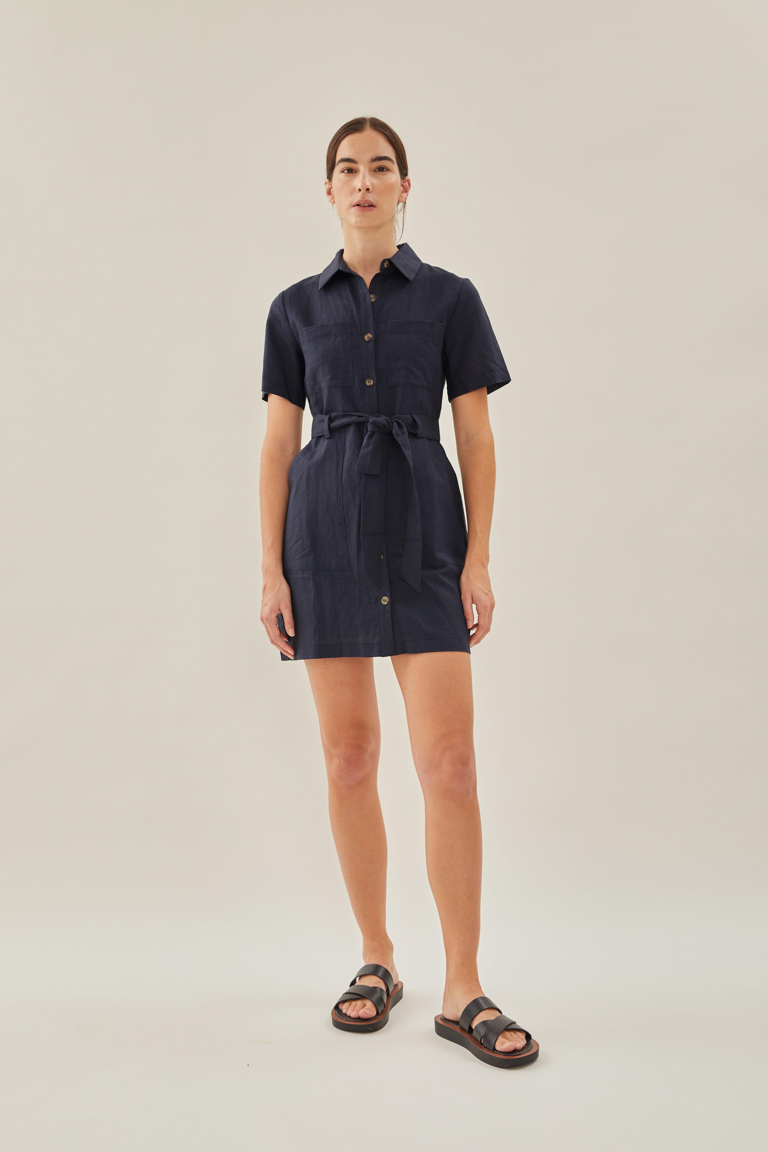 Linen Shirt Dress in Dark Navy