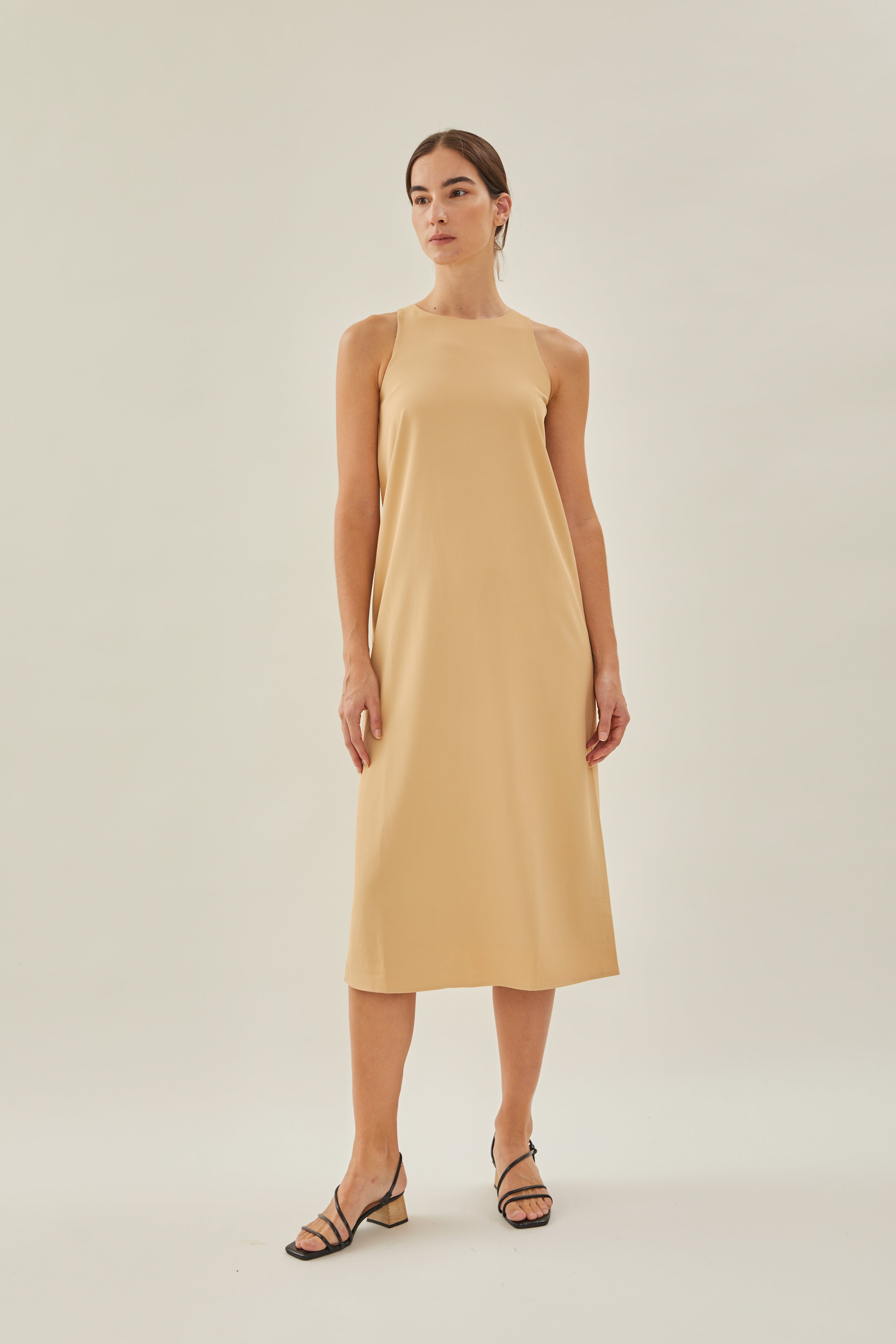 Round Neck Midi Dress in Sand