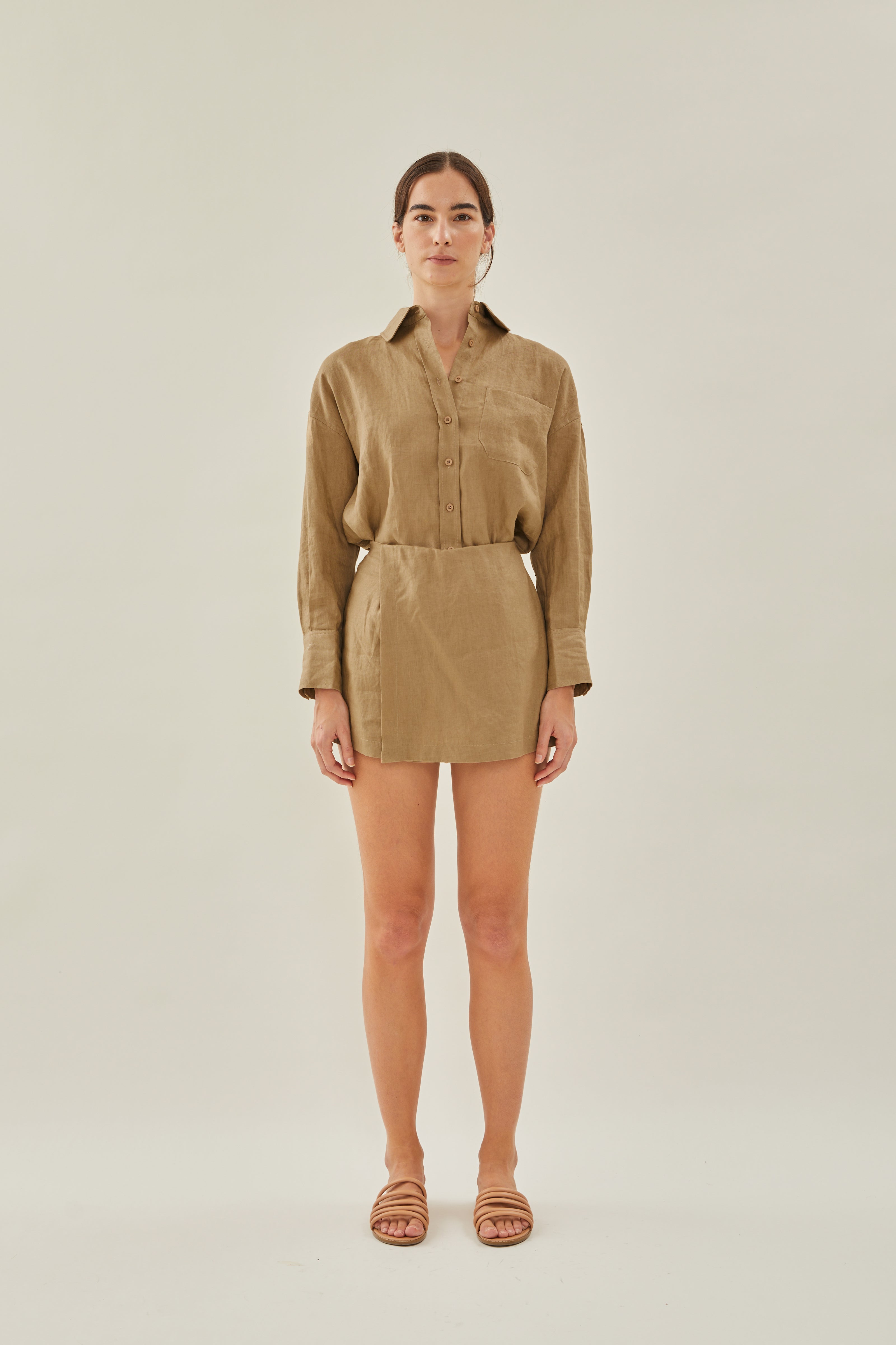 Linen Wrap Skorts in Brown