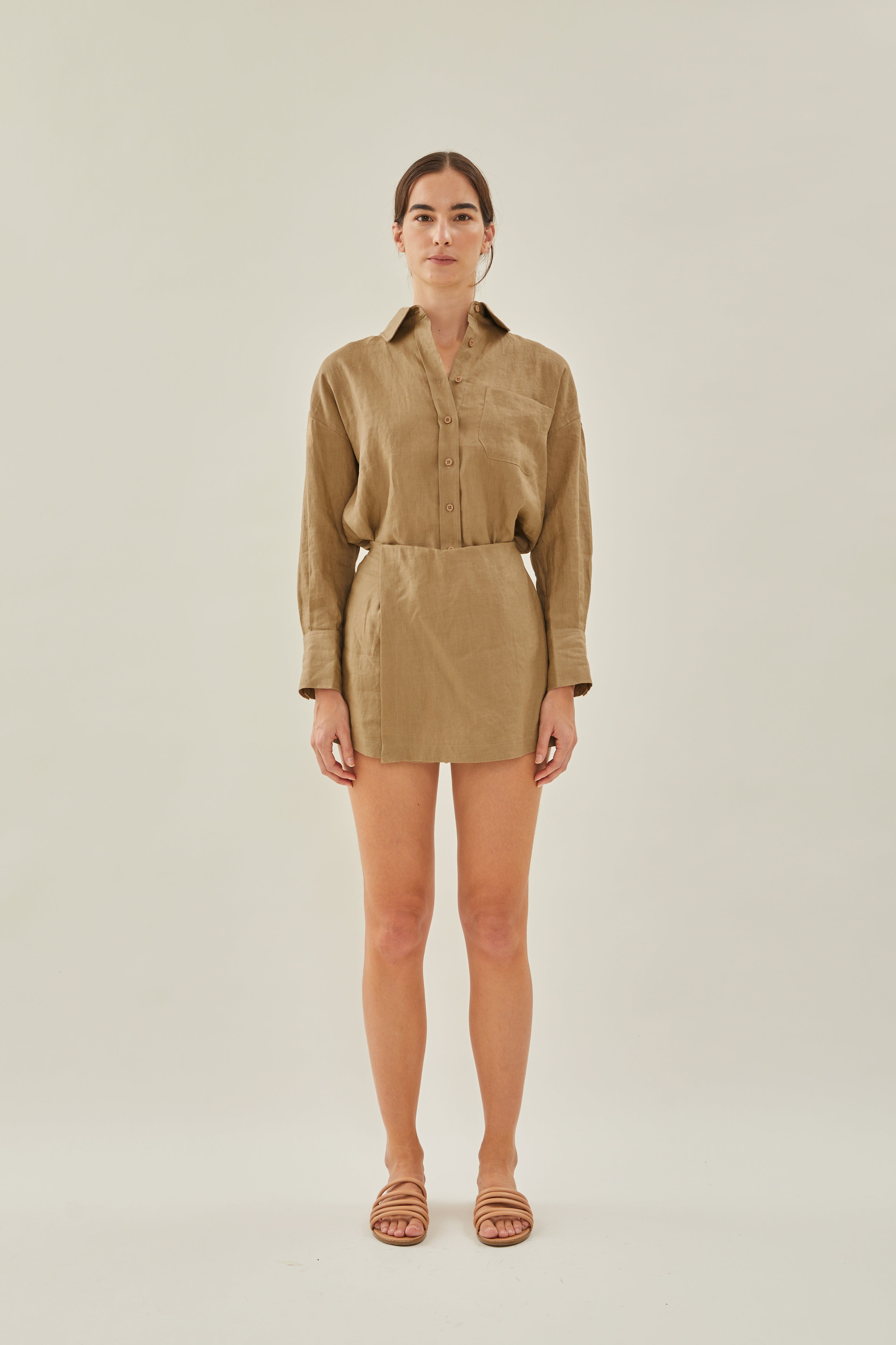 Linen Wrap Skort in Brown