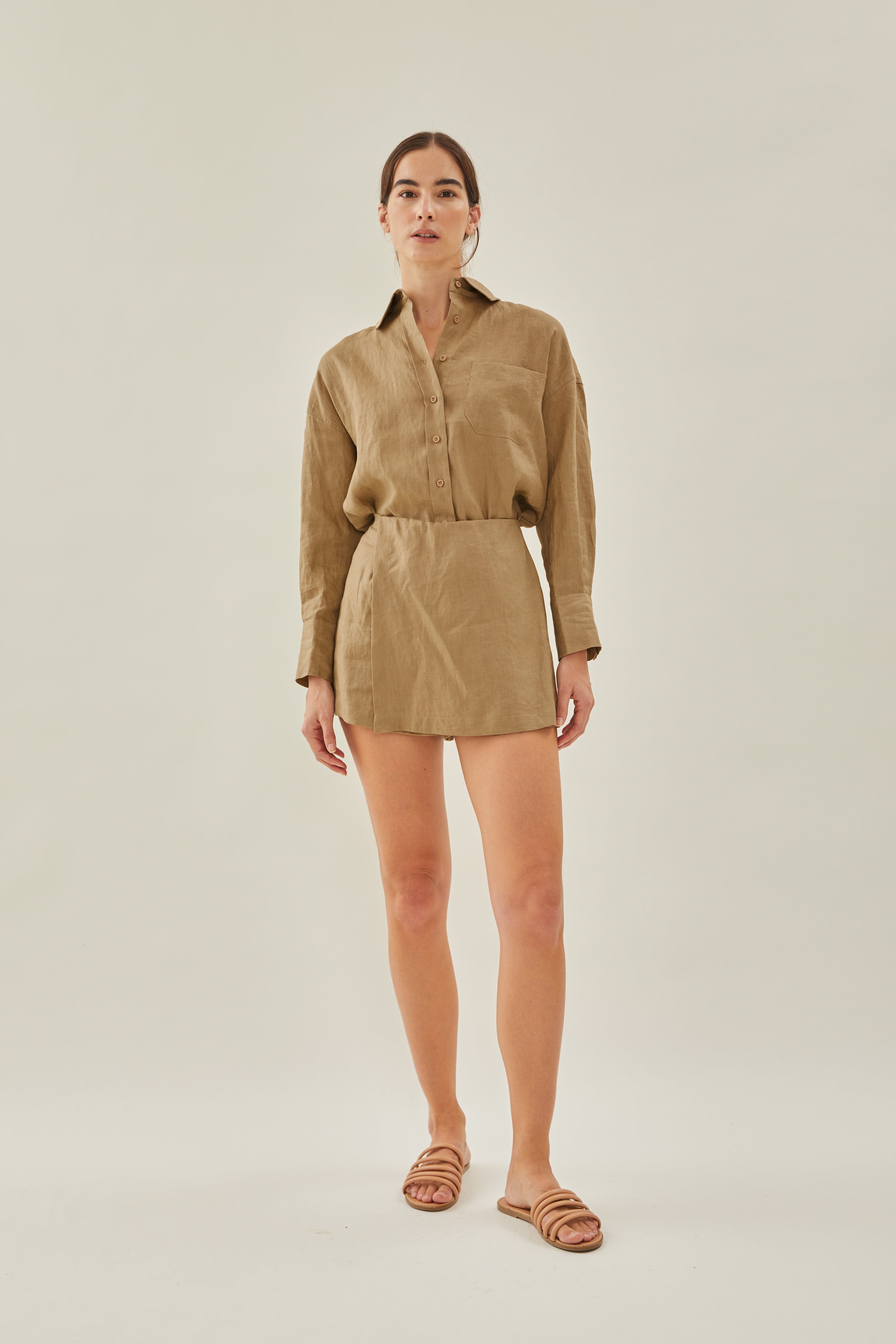 Linen Wrap Skorts in Brown