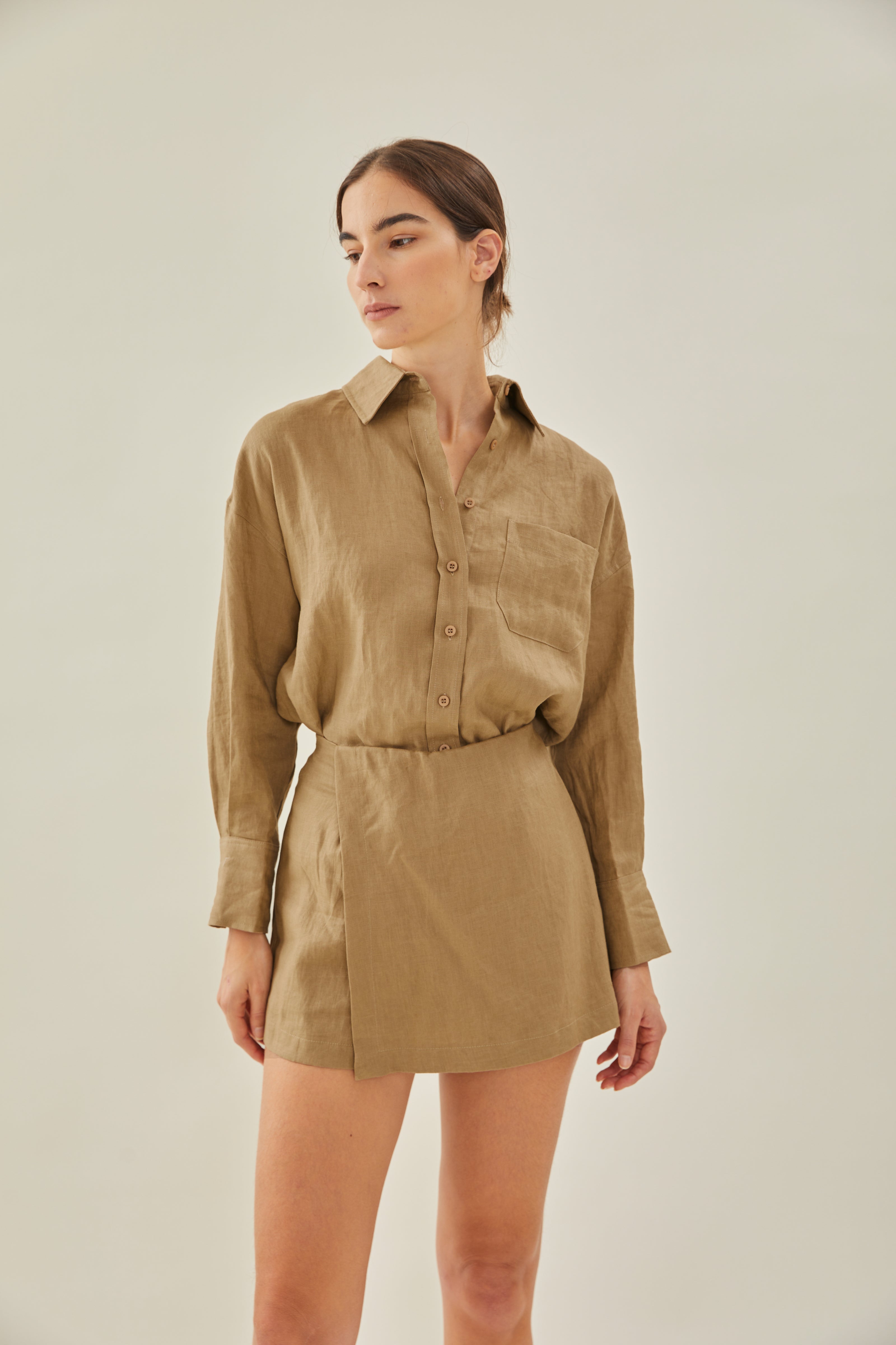 Linen Wrap Skorts in Brown