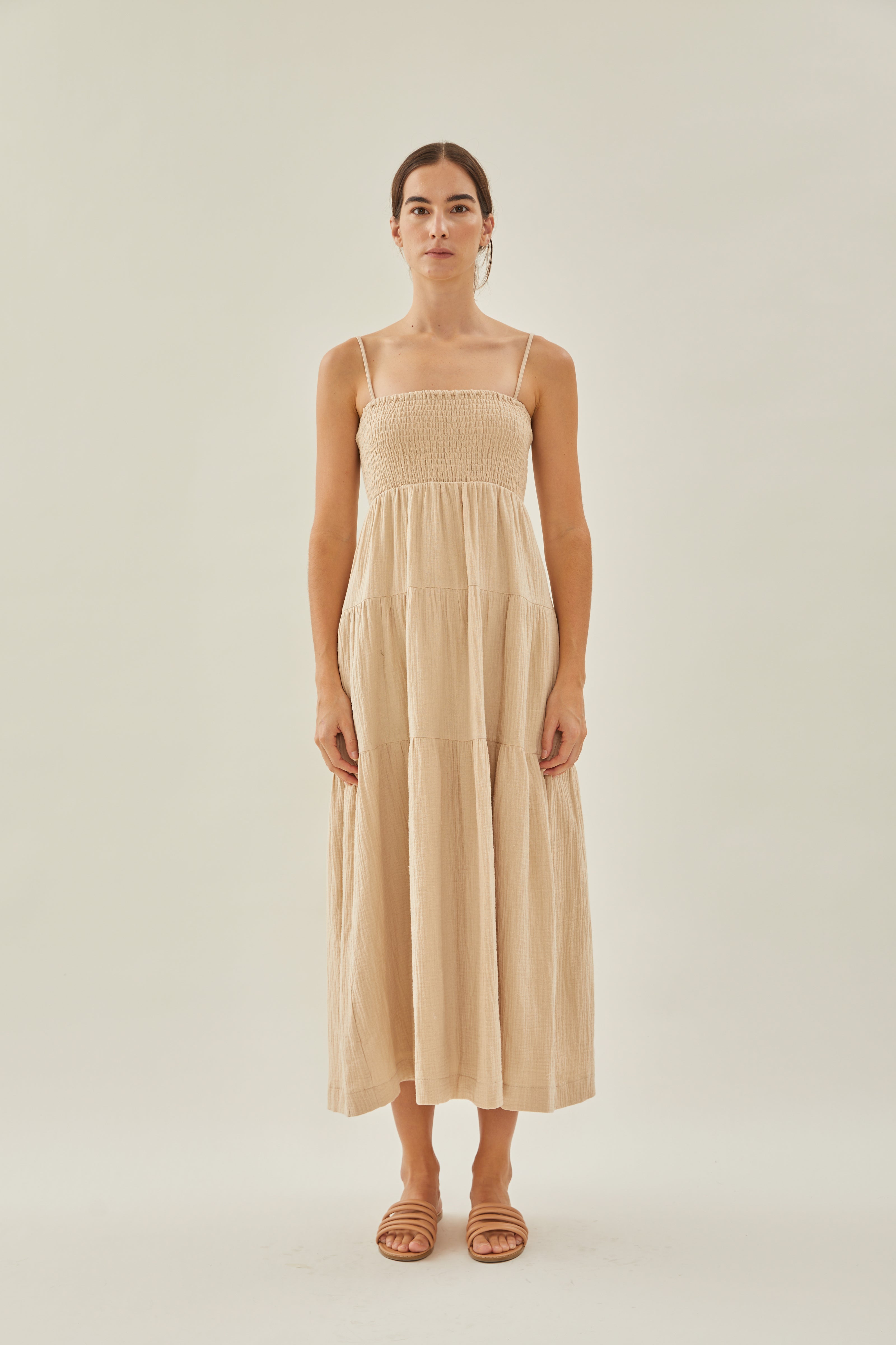 Shirred Maxi Dress in Tan