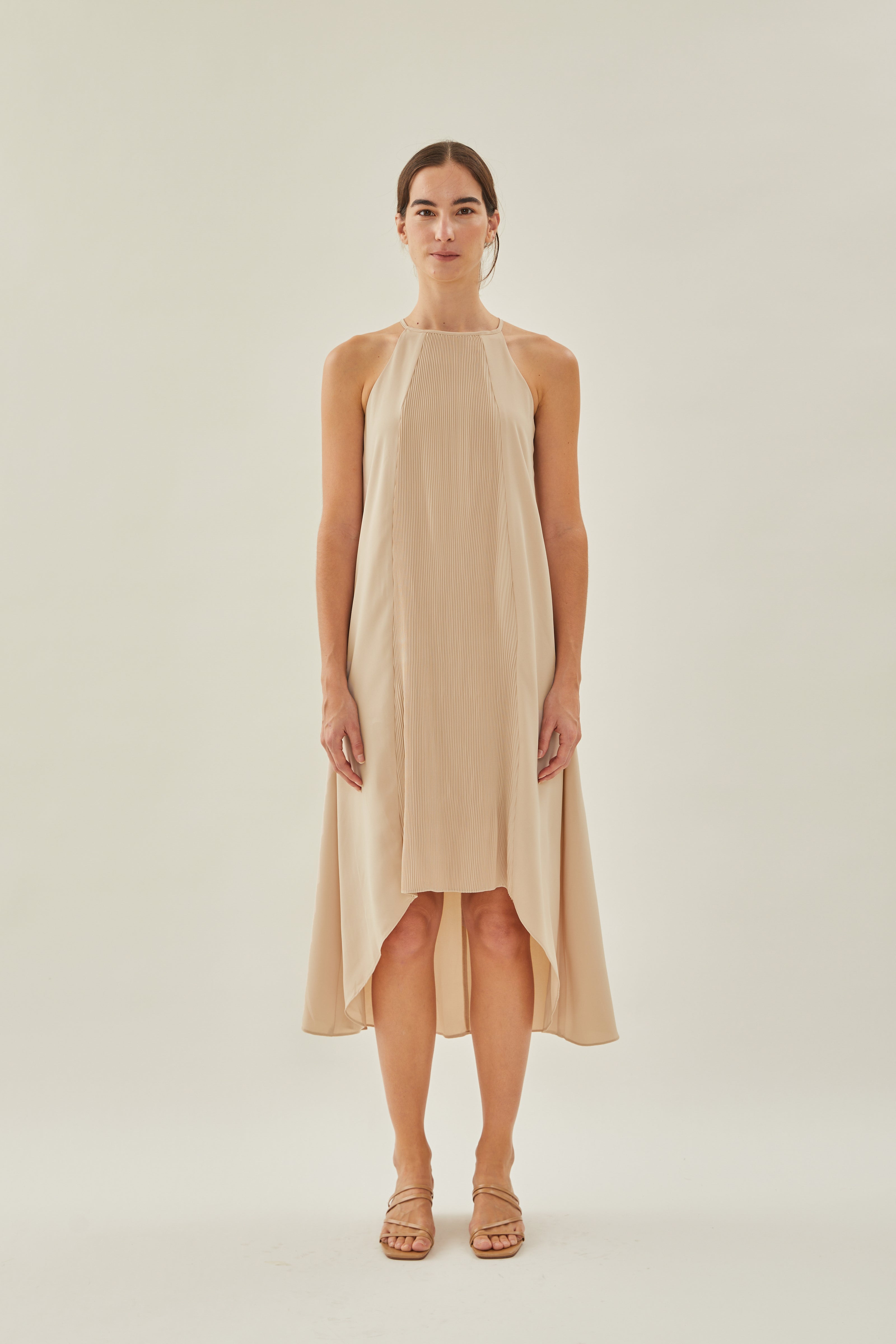 Pleated Halter Dress in Sand