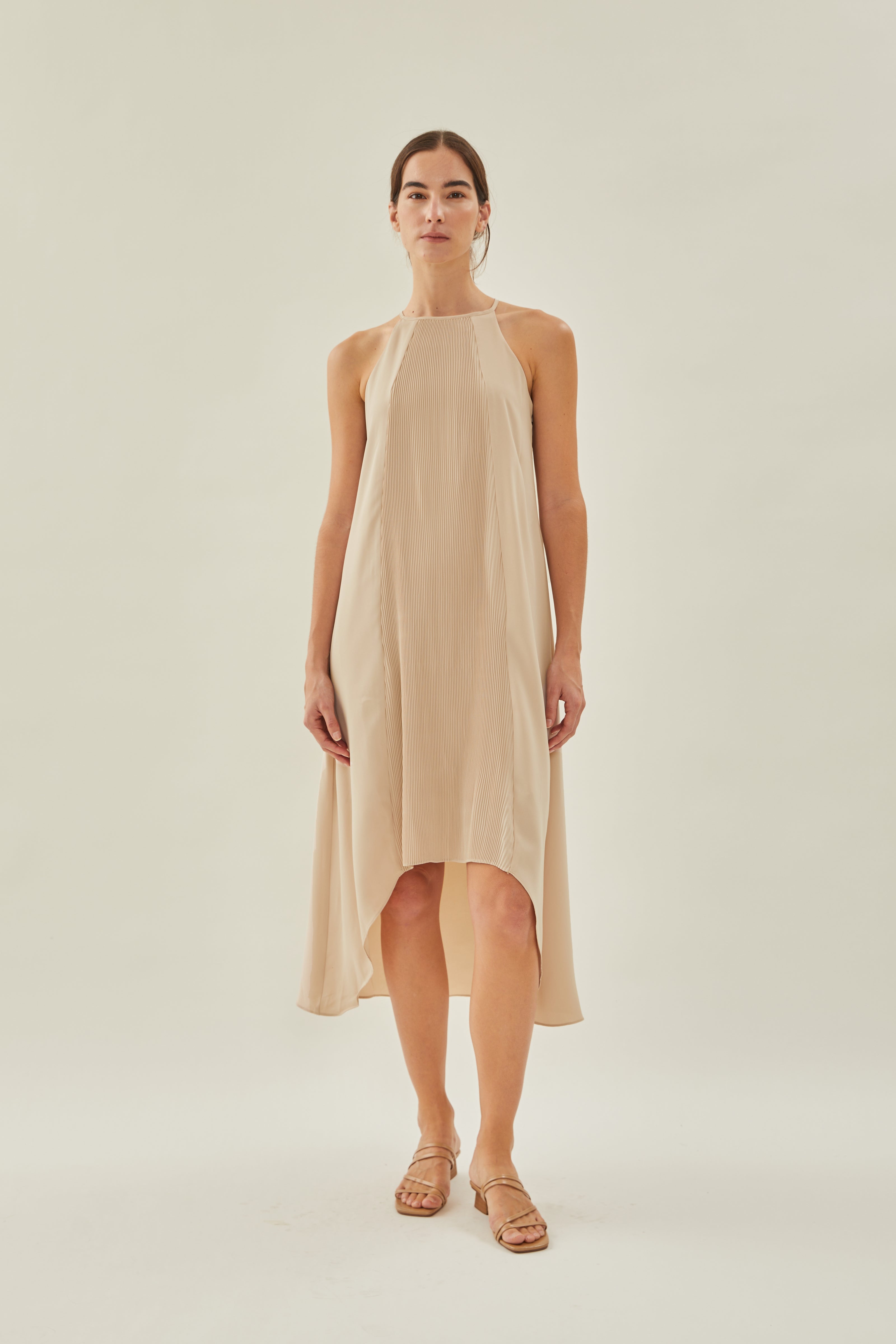 Pleated Halter Dress in Sand