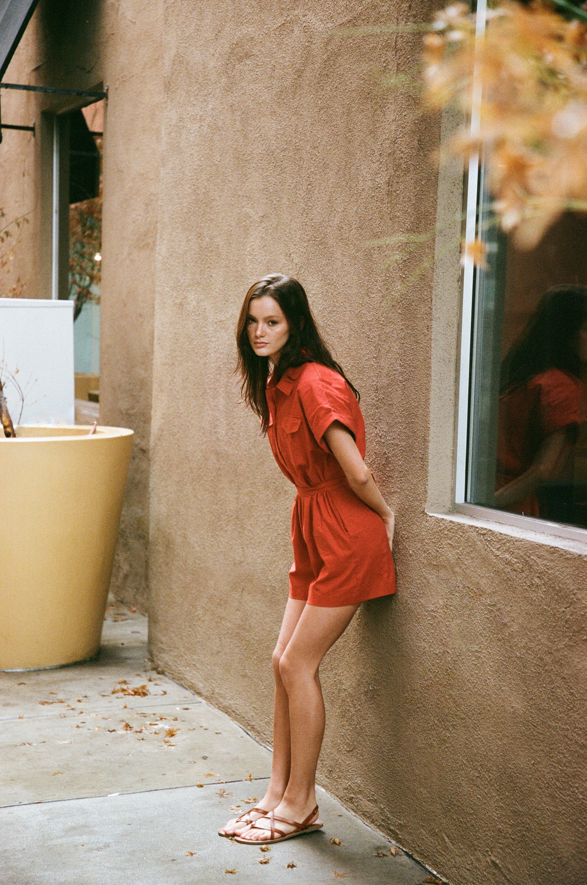 Shirt Linen Romper in Poppy Red