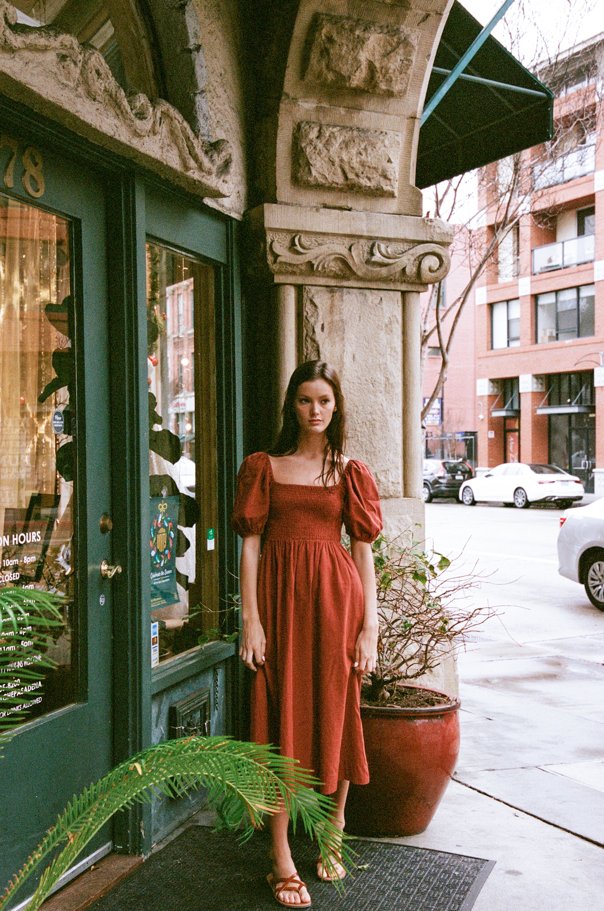 Puffed Sleeved Shirred Midi Dress in Sienna