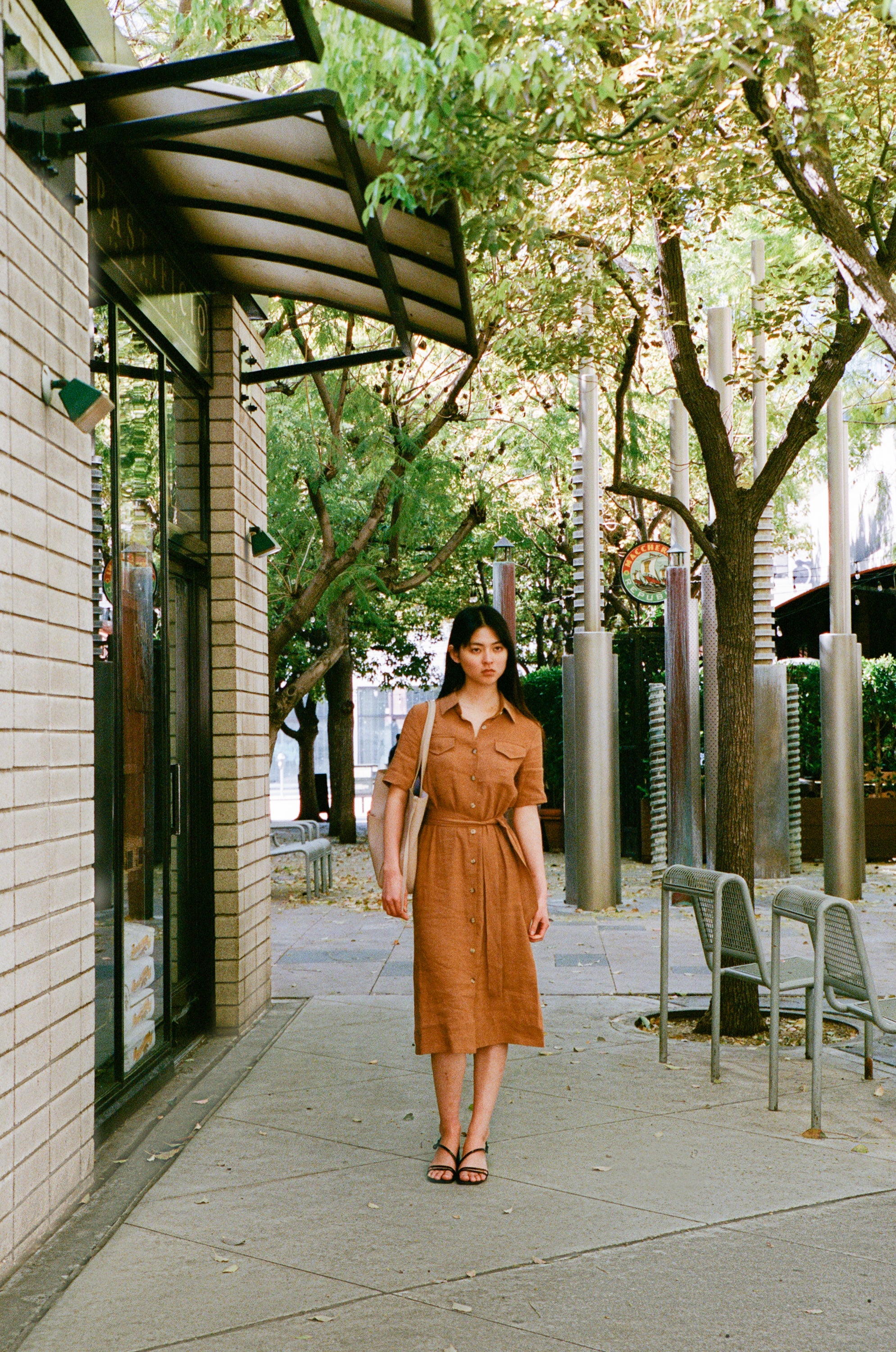 Linen Shirt Midi Dress in Brown