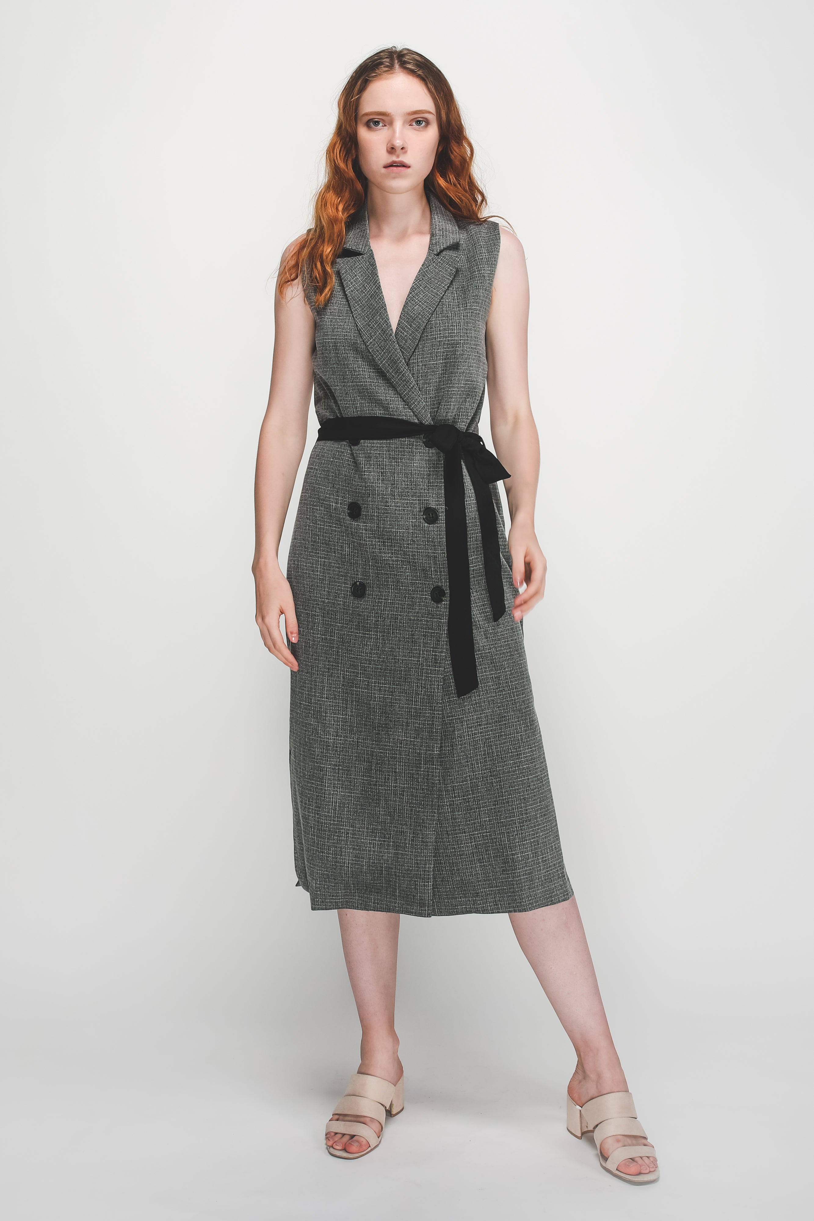 V-Neck Lapel Vest Dress In Grey