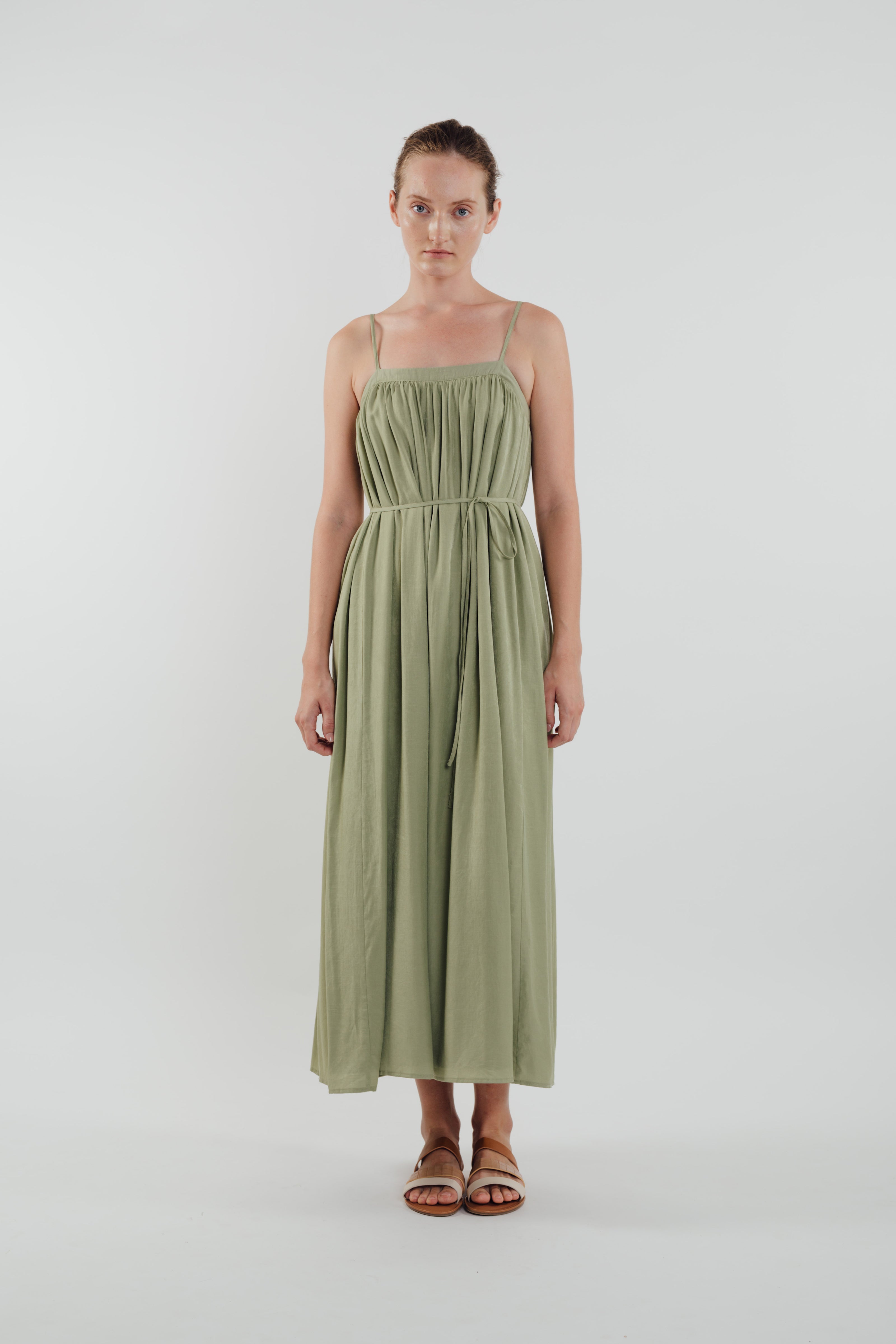 Gathered Midi Dress in Sage