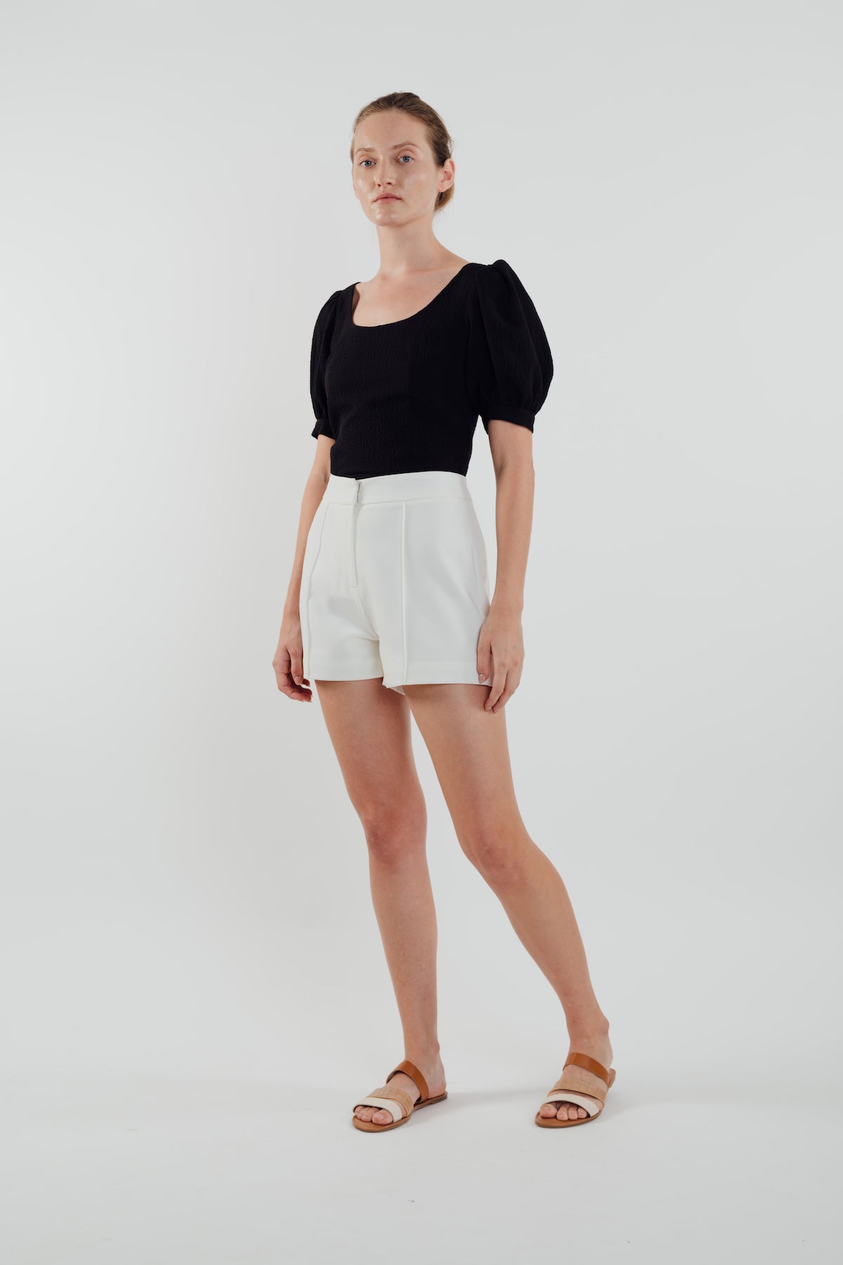Puffed Sleeved Textured Top in Black (Sale)