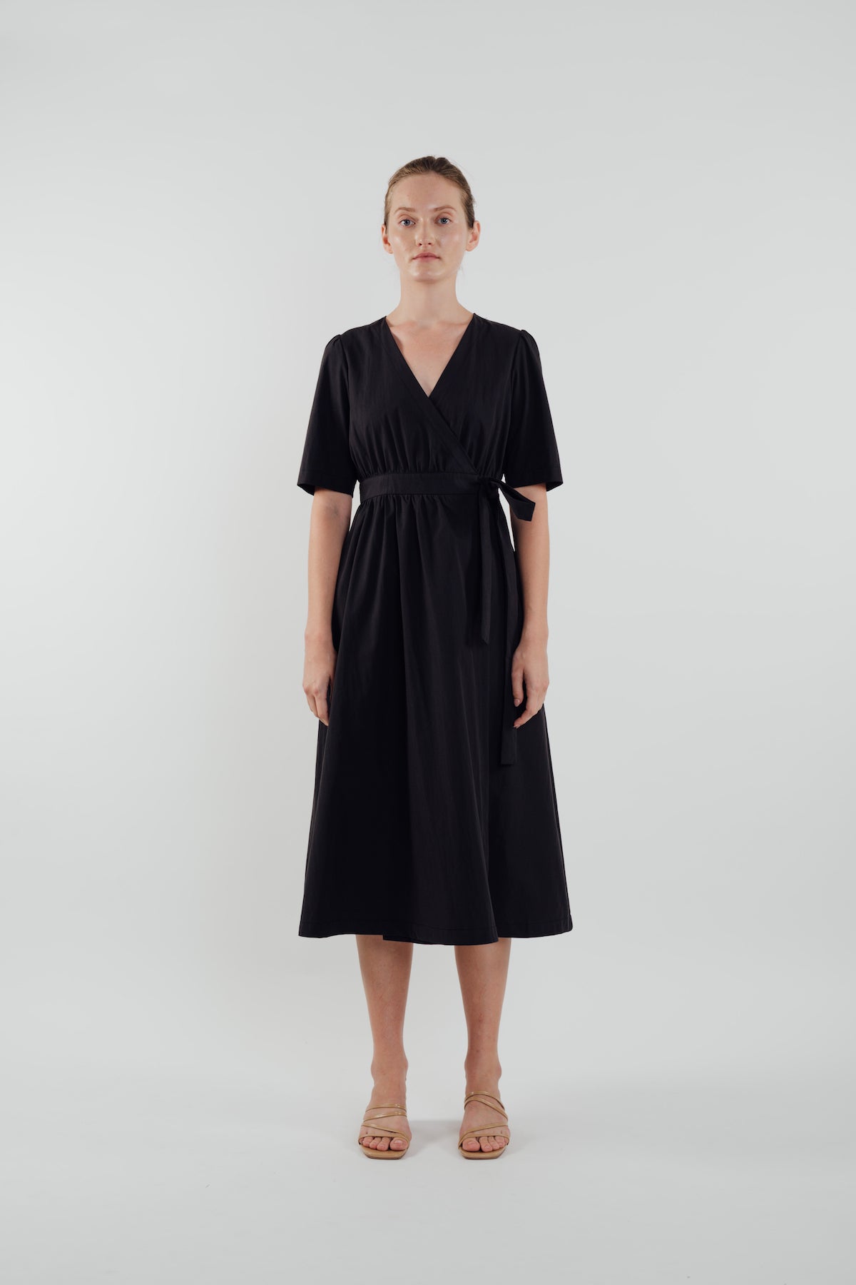 Cotton Midi Wrap Dress in Black
