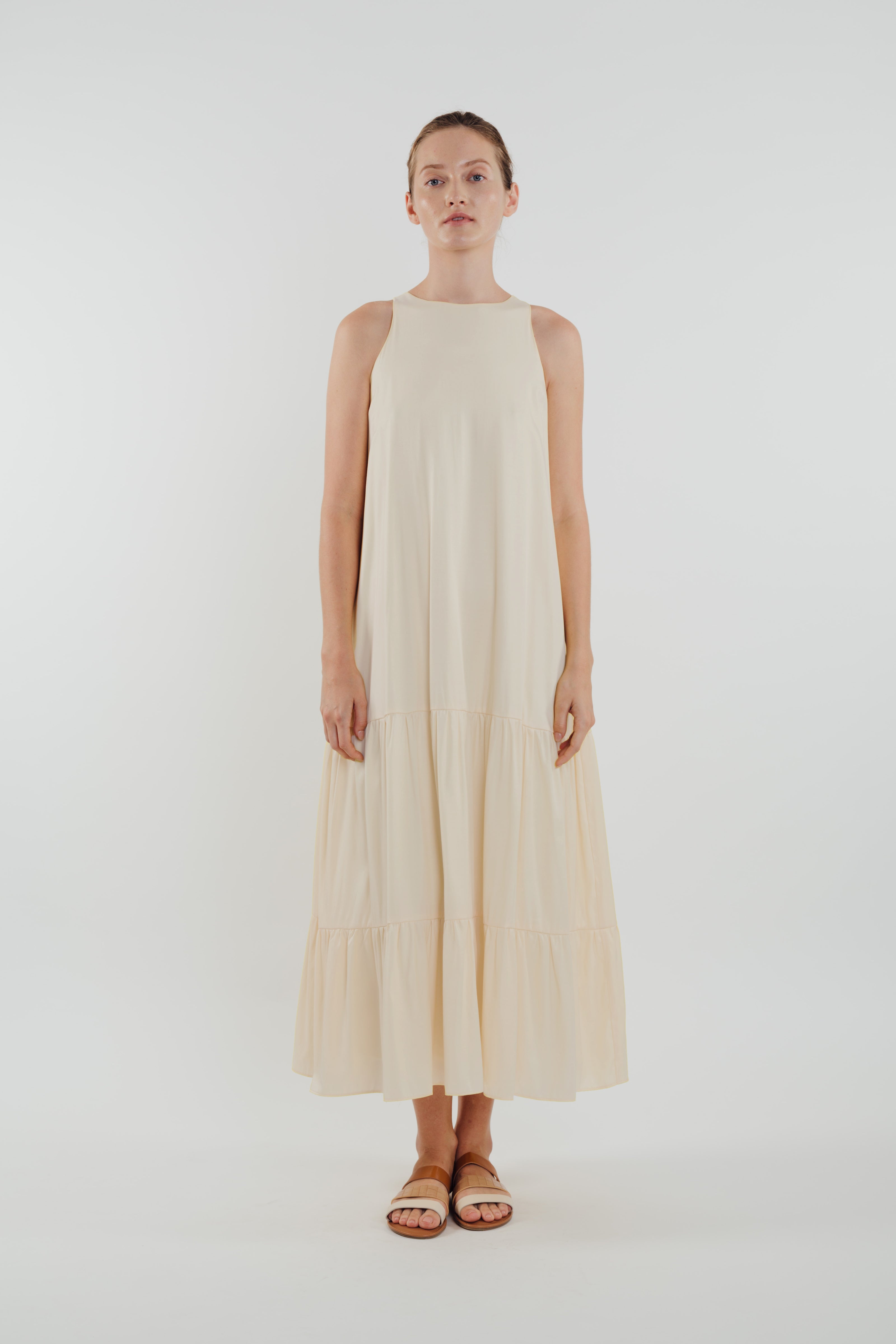Cotton Blend Tiered Maxi Dress in Cream