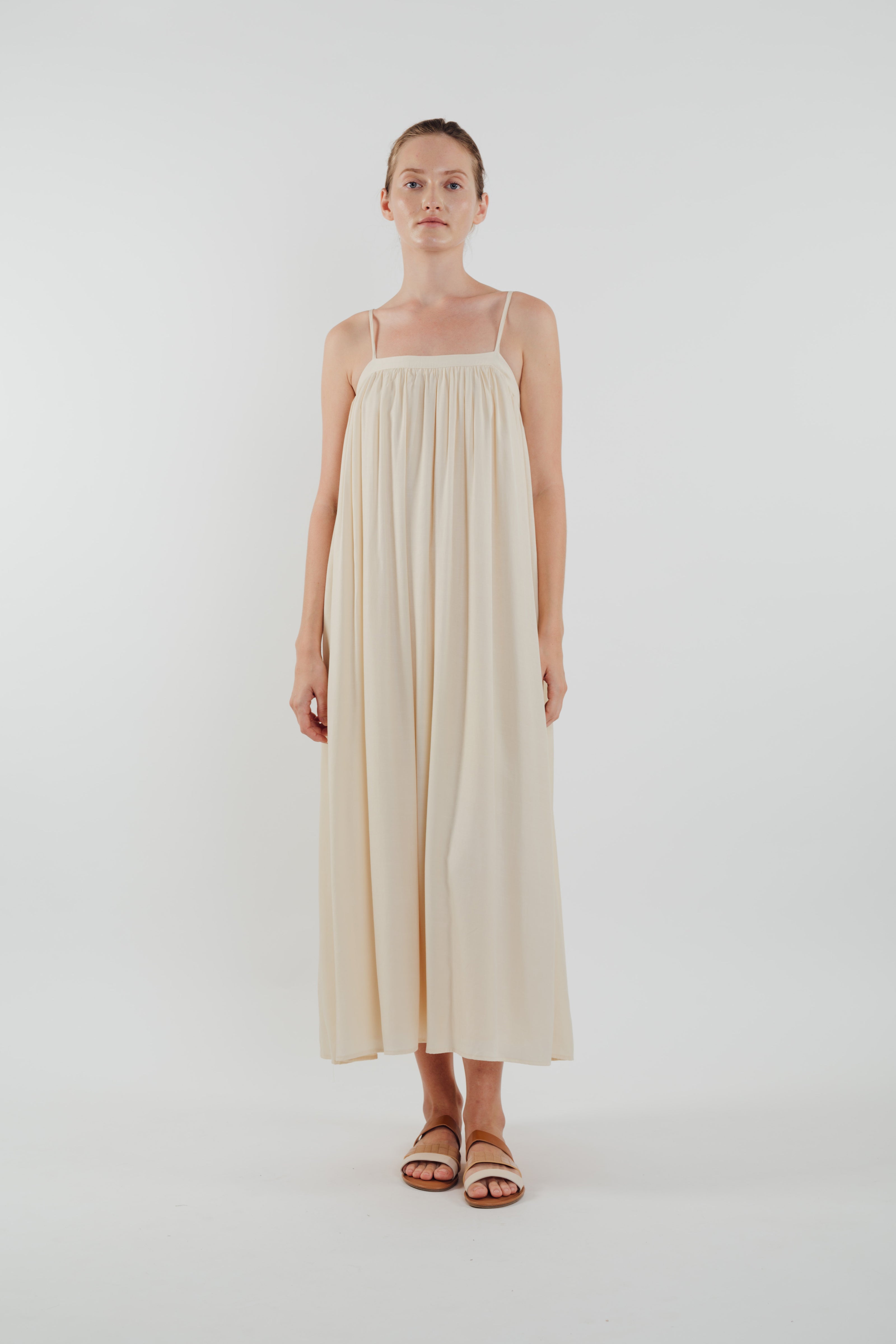 Gathered Midi Dress in Ecru
