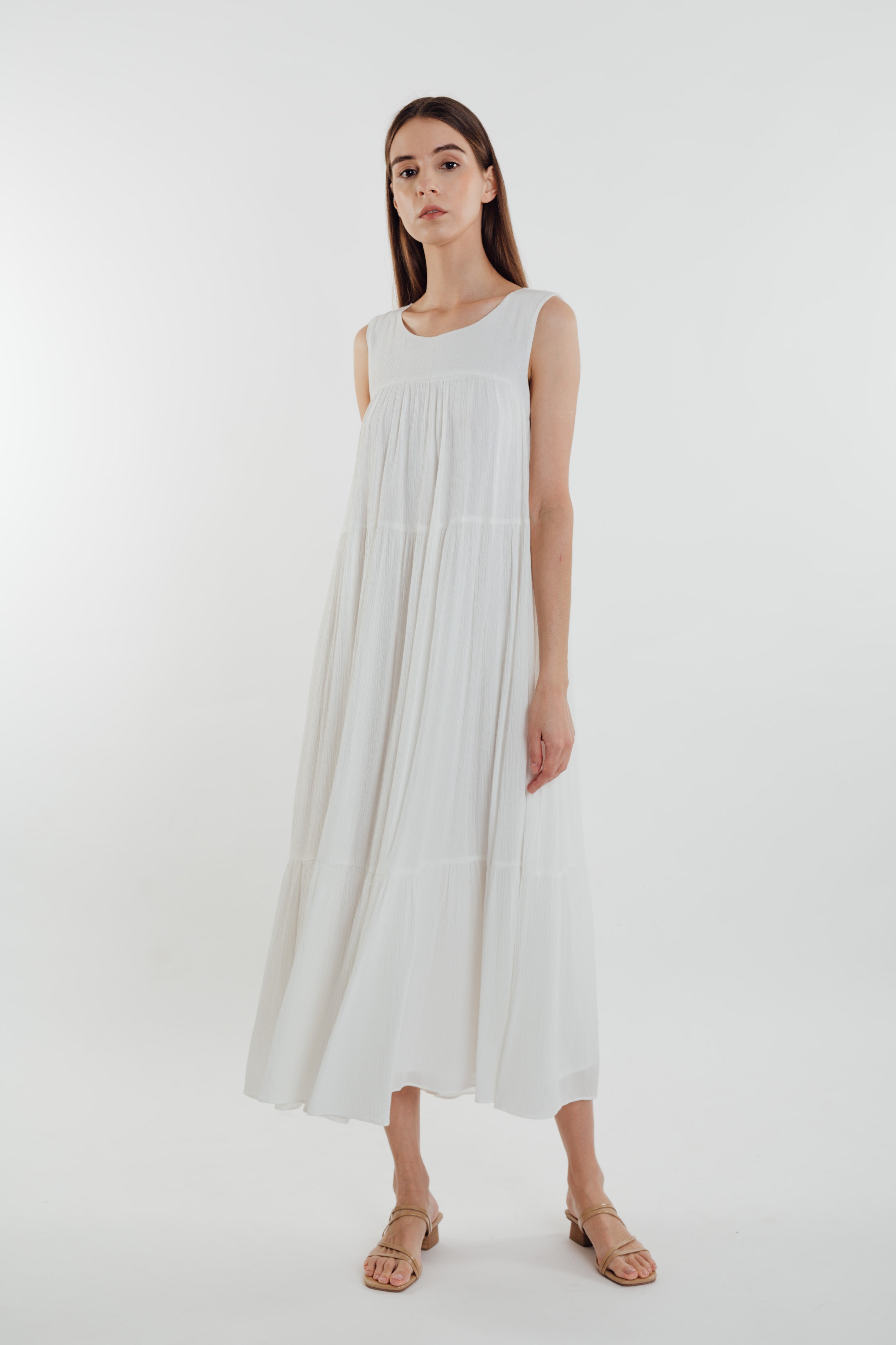 Tiered Textured Crepe Maxi Dress in White (Sale)