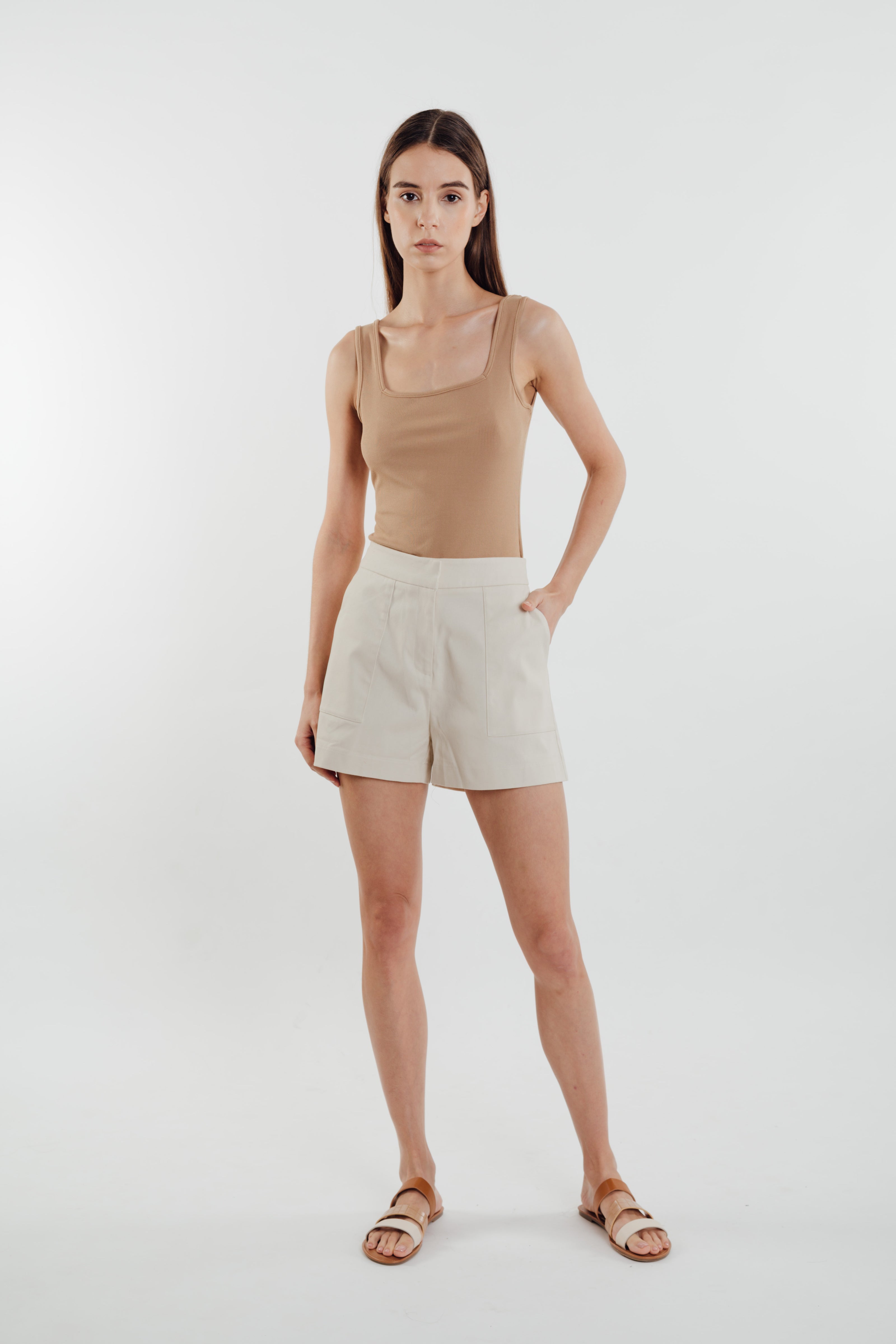 Square Neck Knit Tank in Sand