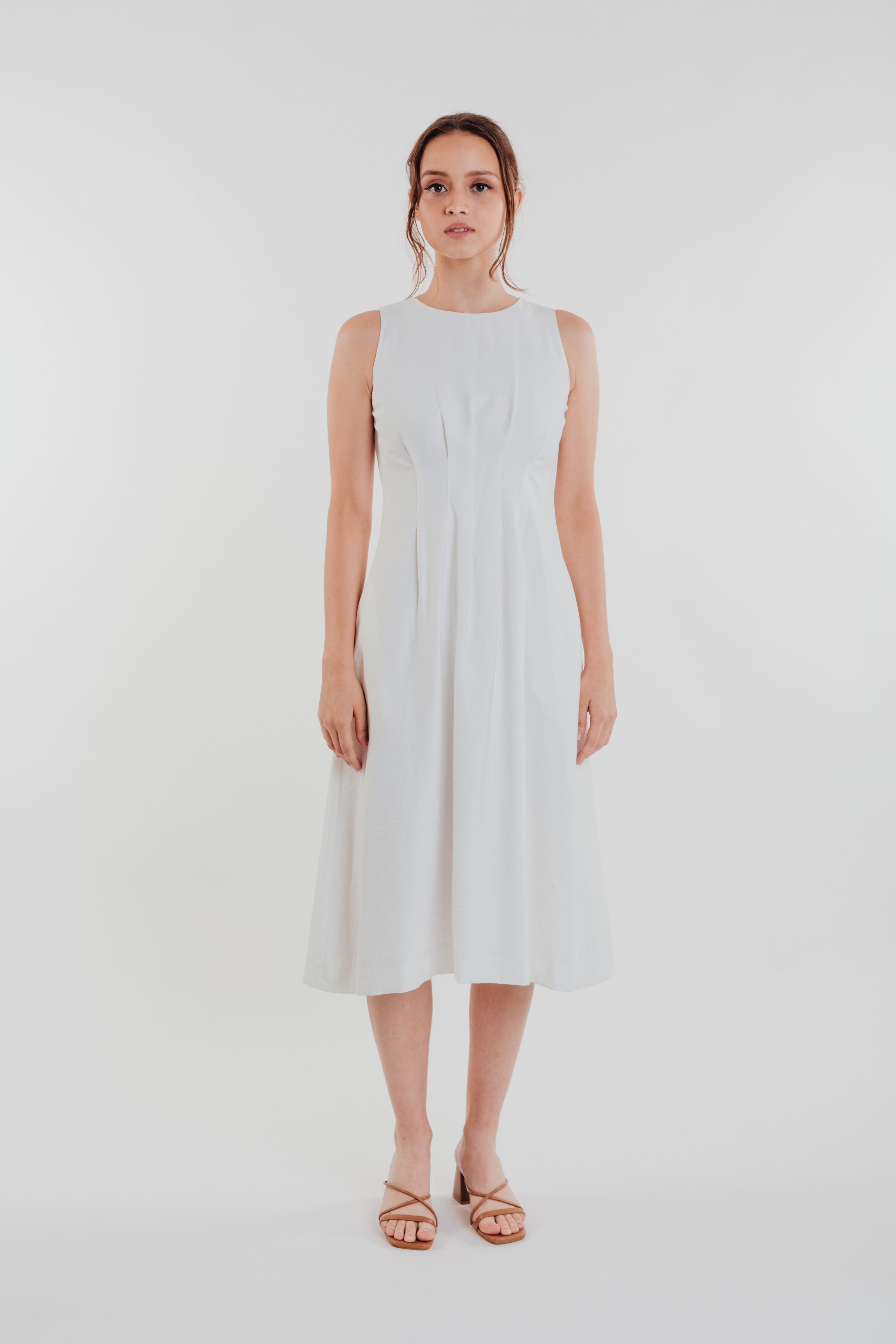 Box Pleated Midi Dress in White (Sale)