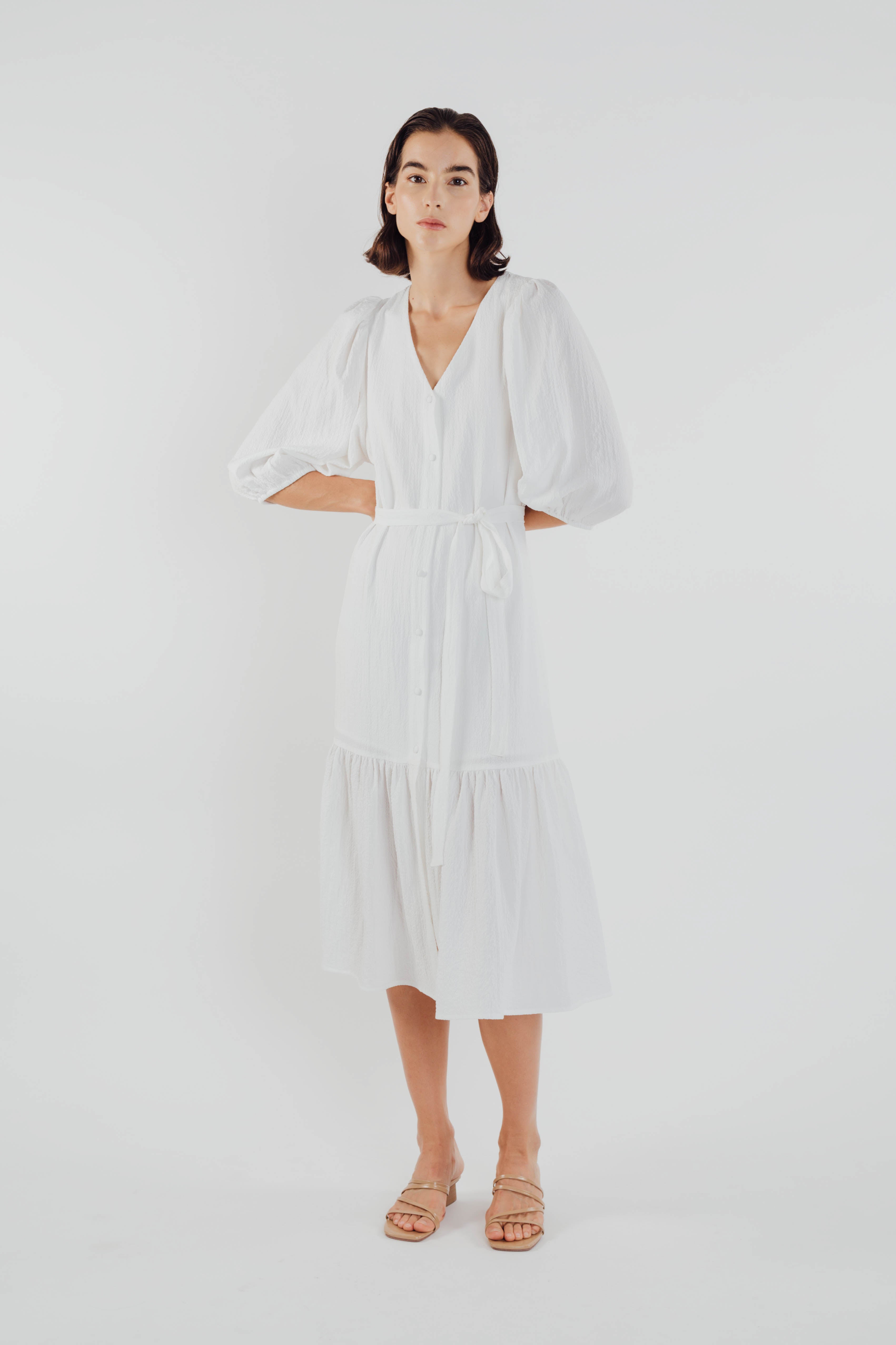 V-neck Midi Dress with Puffed Sleeves in White