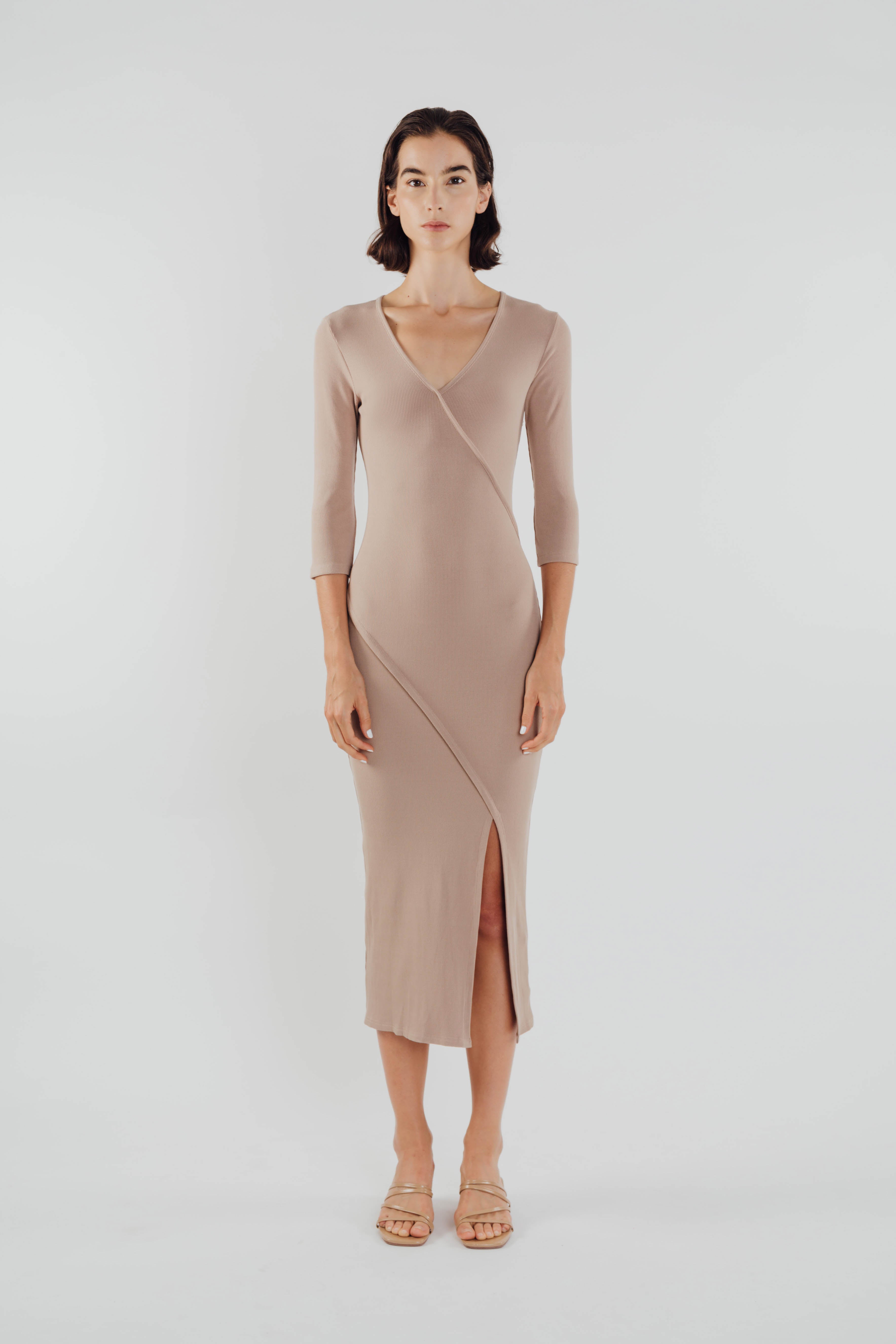 Knit Midi Dress with Slit in Tan