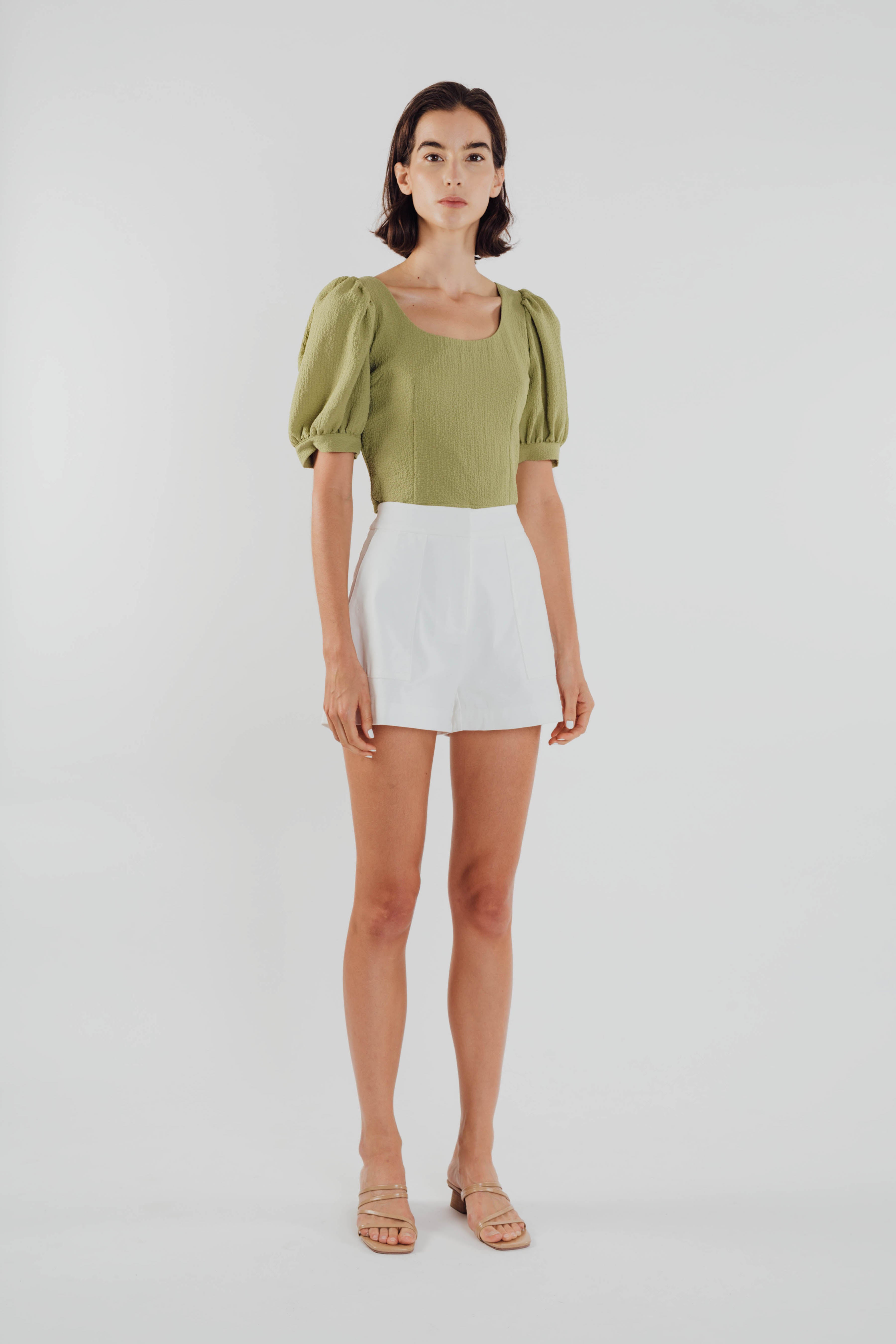 Puffed Sleeved Textured Top in Olive (Sale)