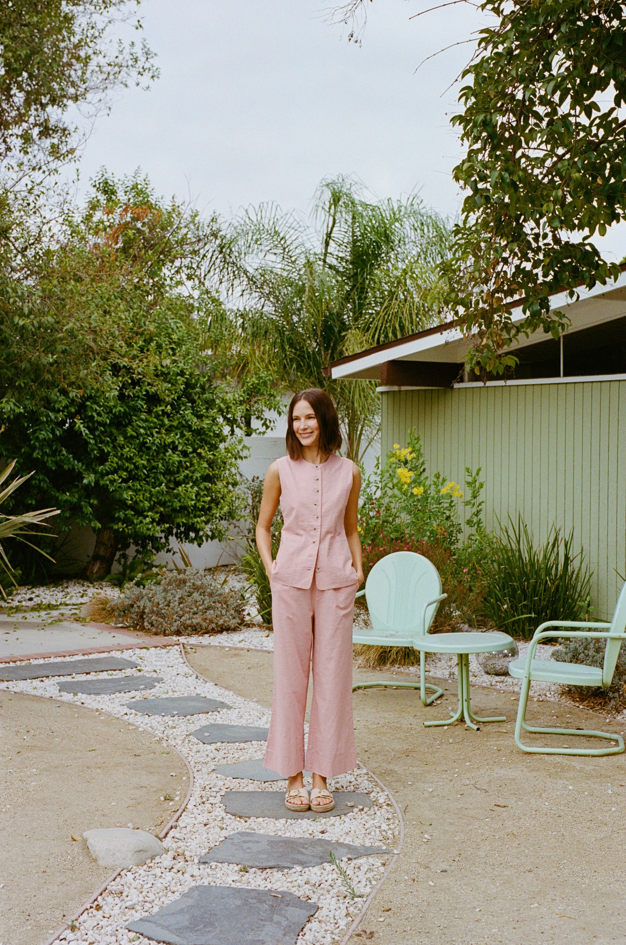 Textured Linen Trousers in Tea Rose