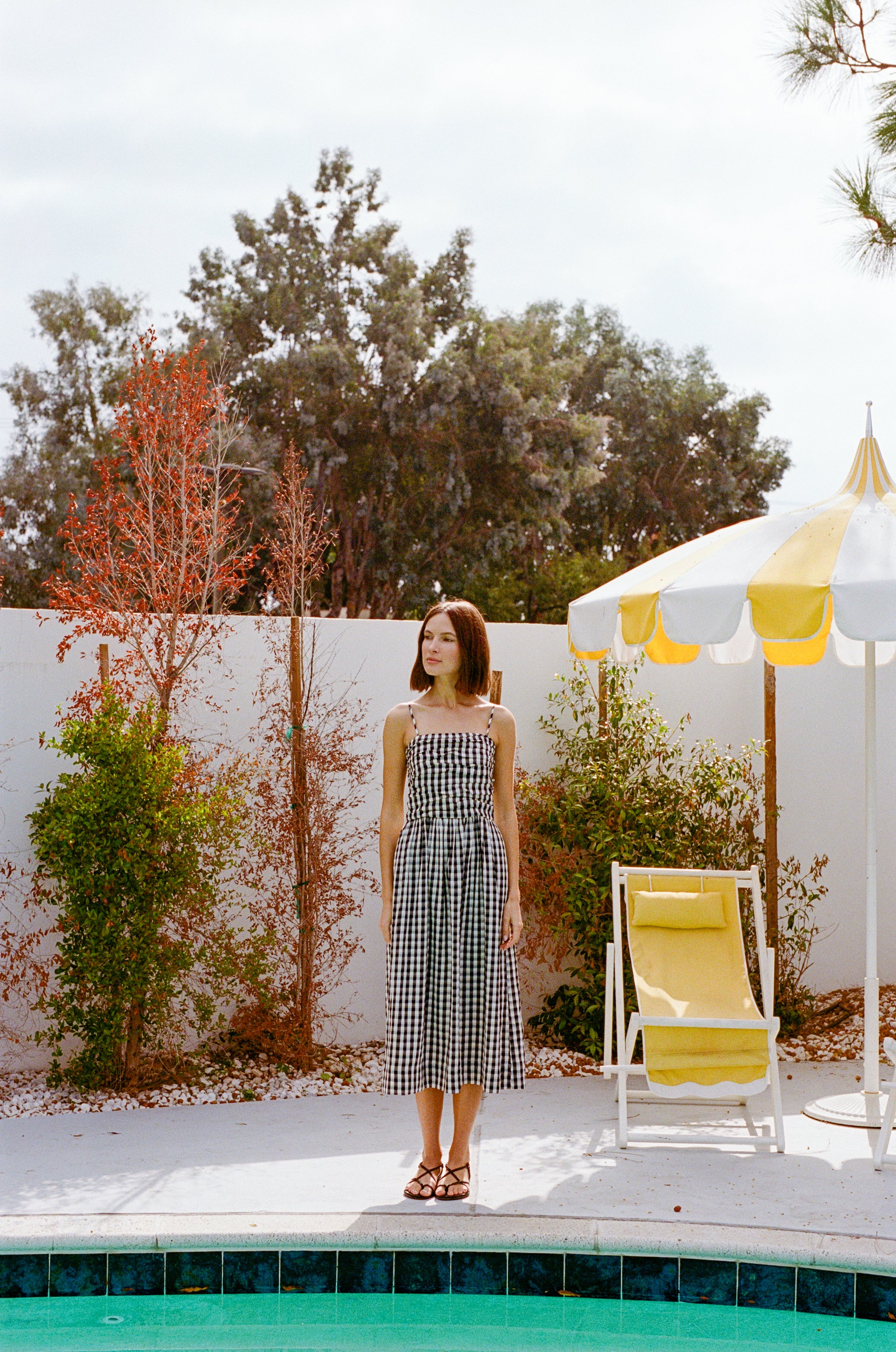 Ruched Midi Dress in Black Gingham