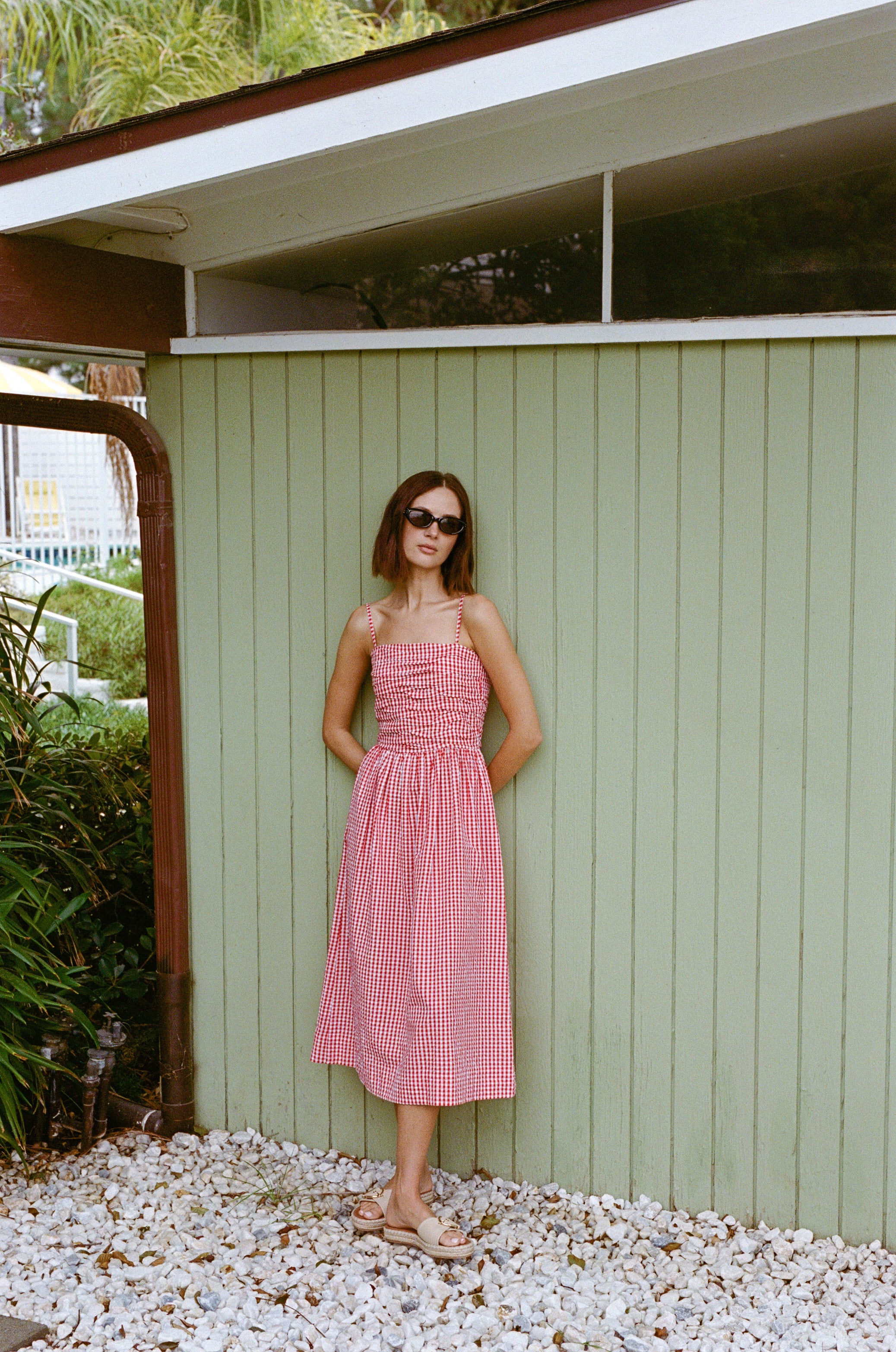 Ruched Midi Dress in Red Gingham