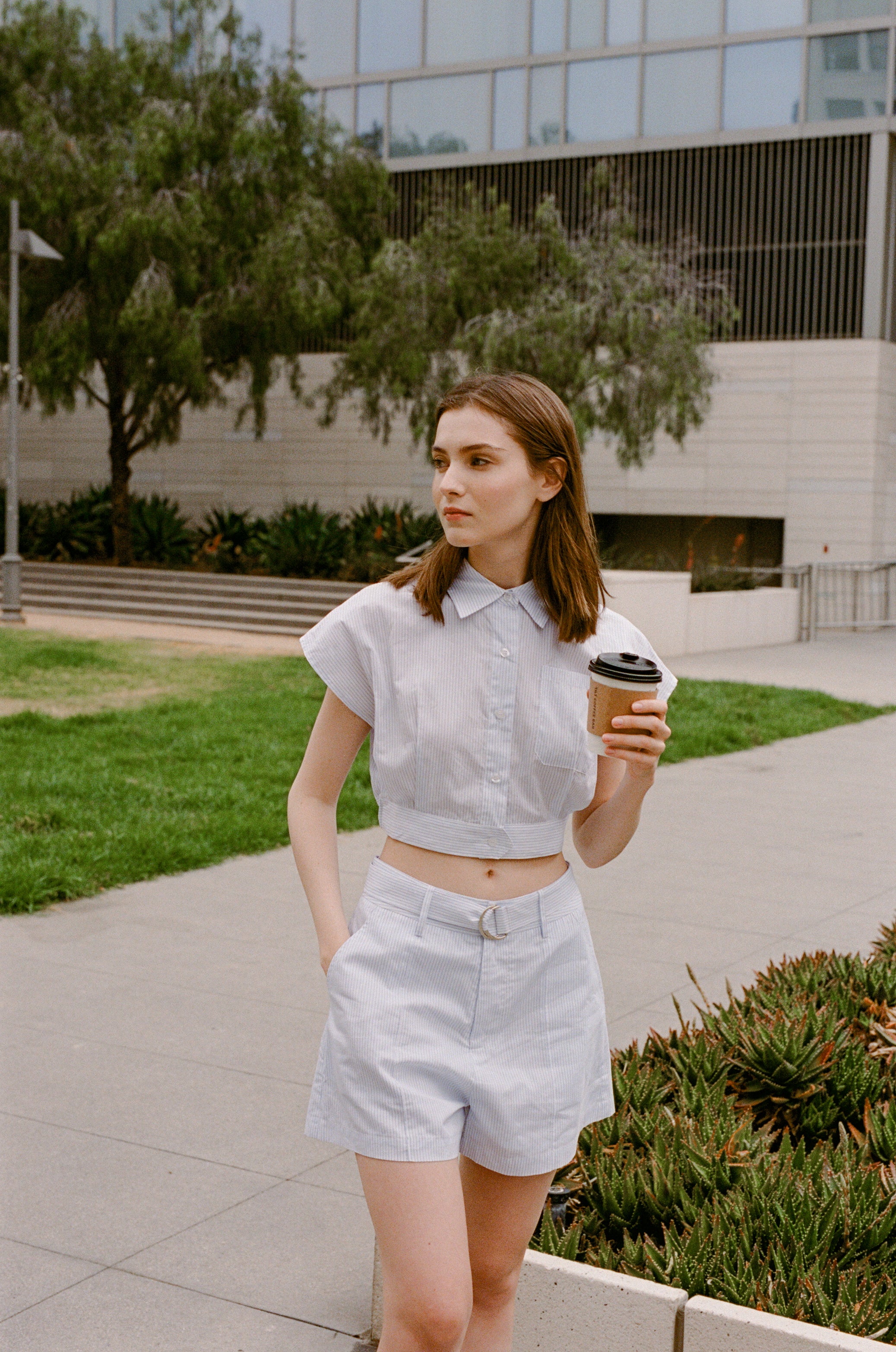 Cap-Sleeve Box Cropped Shirt in White Blue Stripes