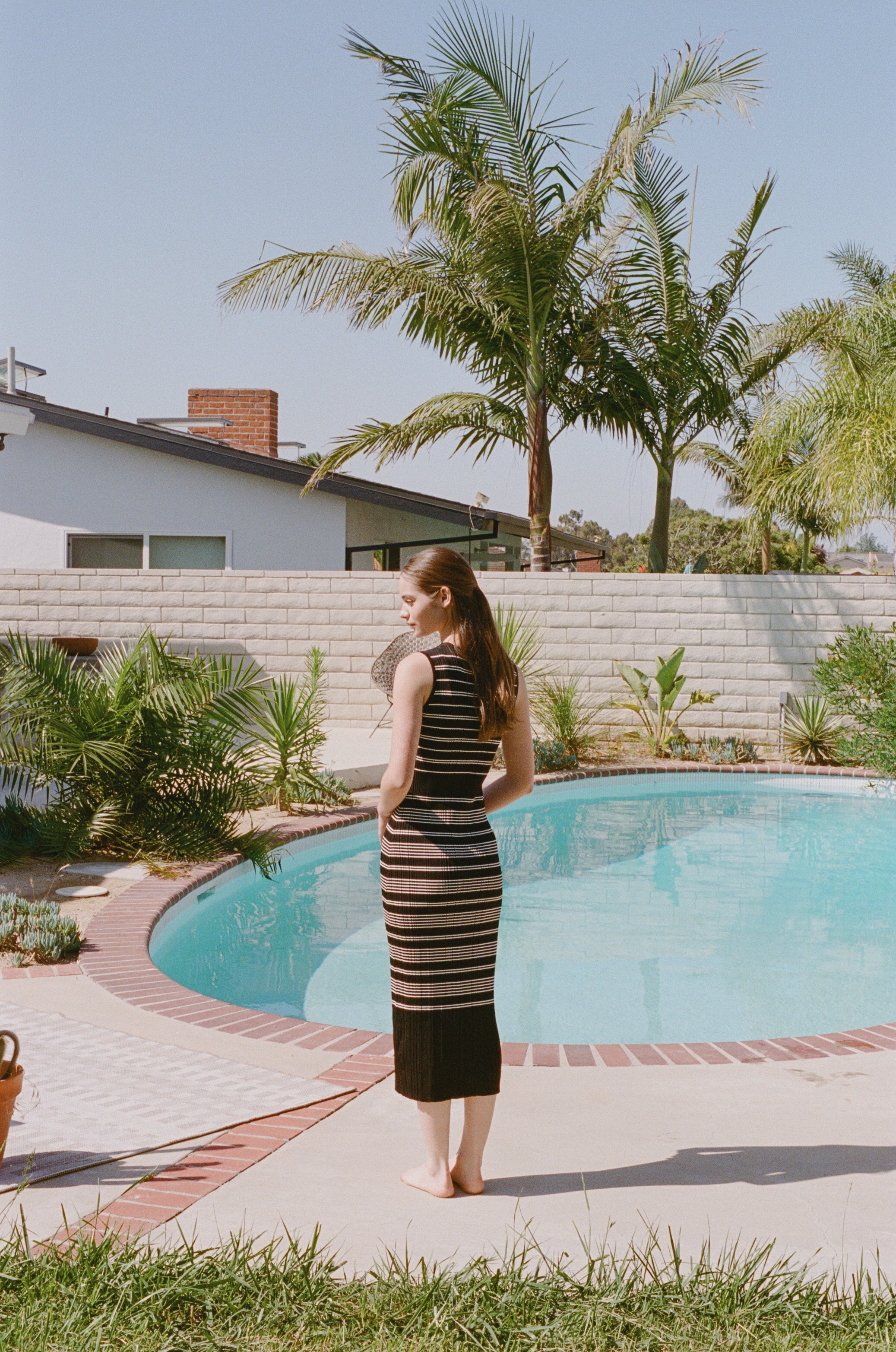 Pleated Knit Dress in Black White Stripes