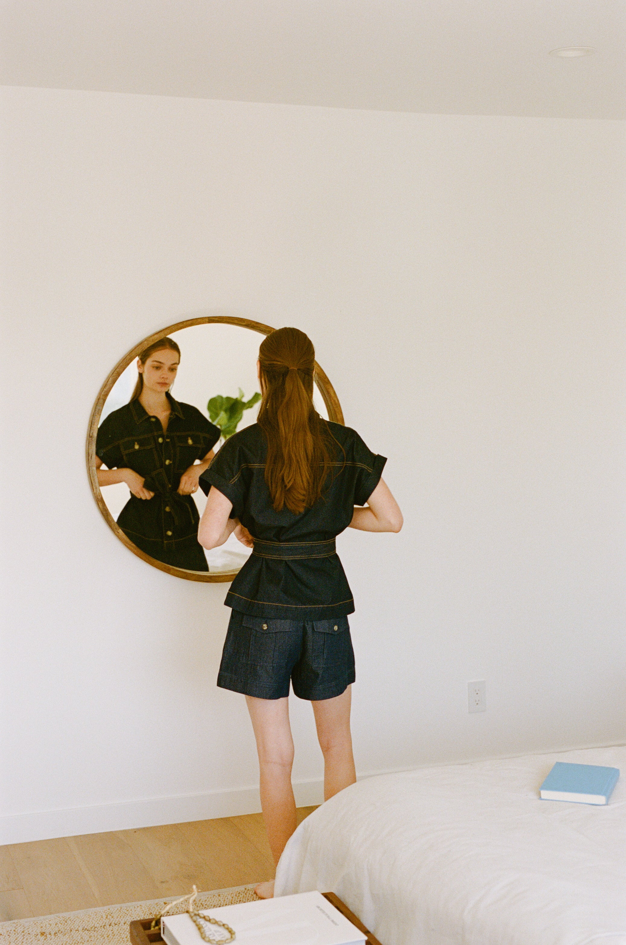 Denim Shorts with Seam Detailing in Mid Blue