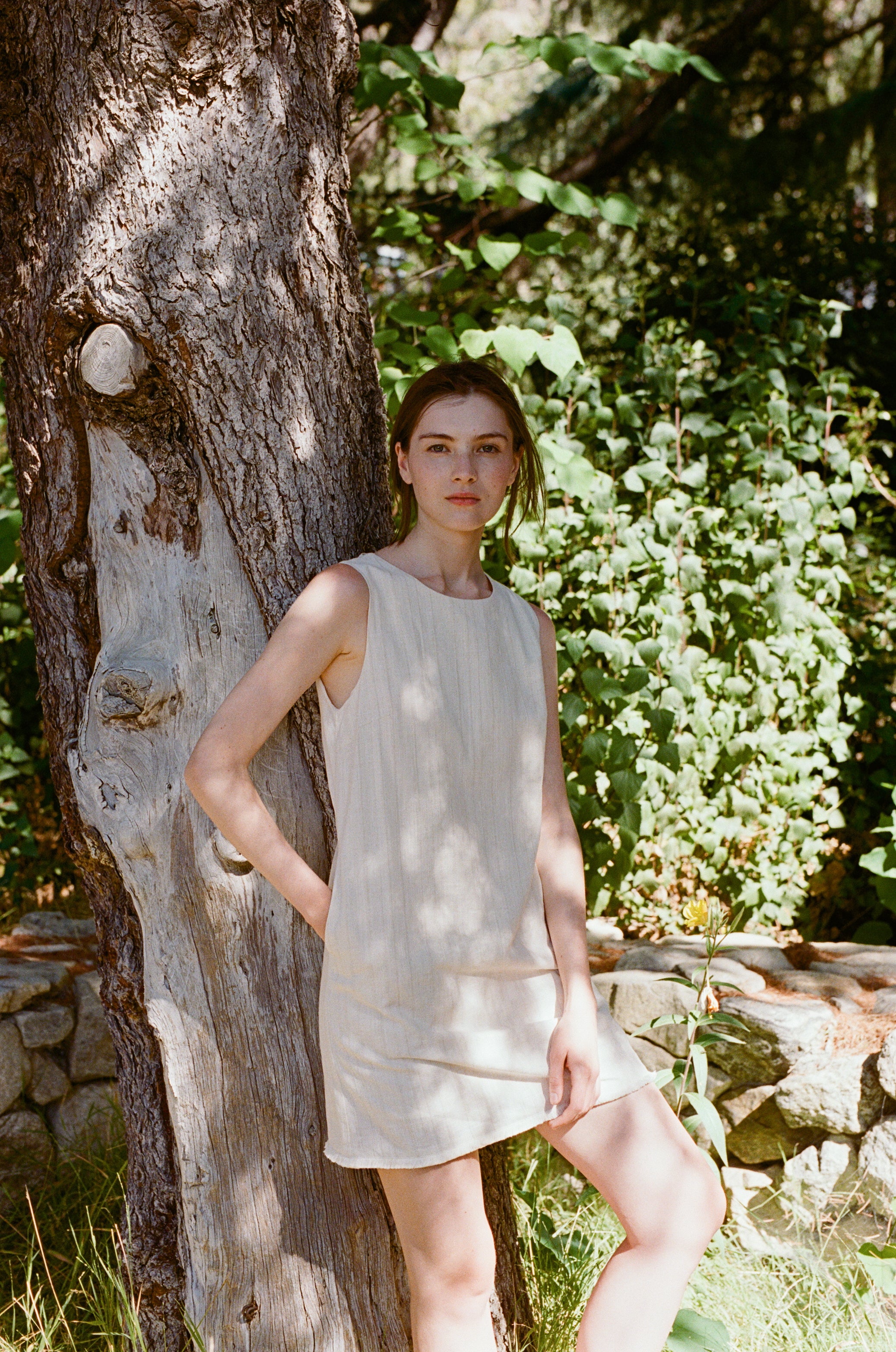 Frilled Hem Shift Mini Dress in Natural