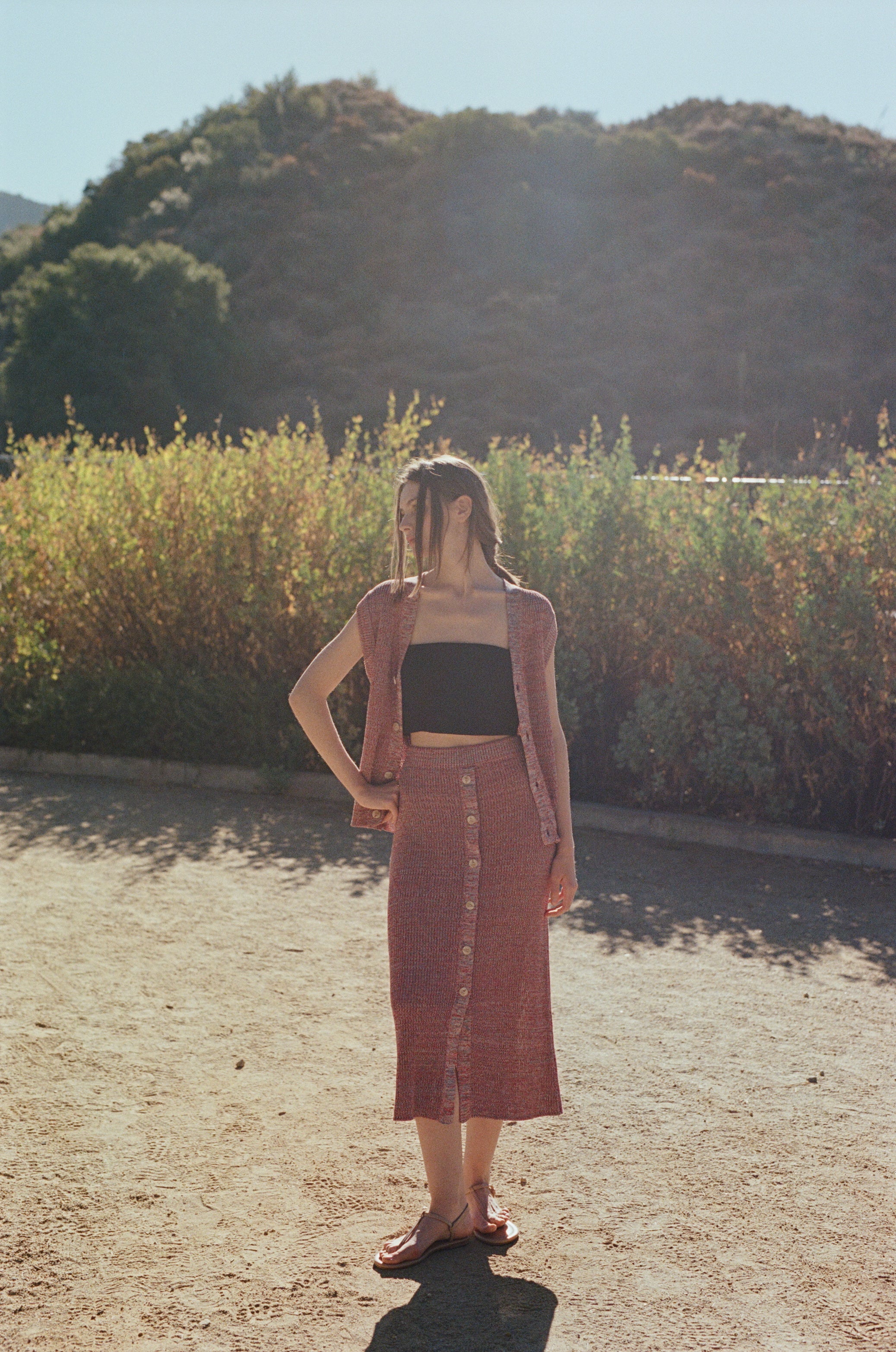 Button Melange Knit Skirt in Red Valley