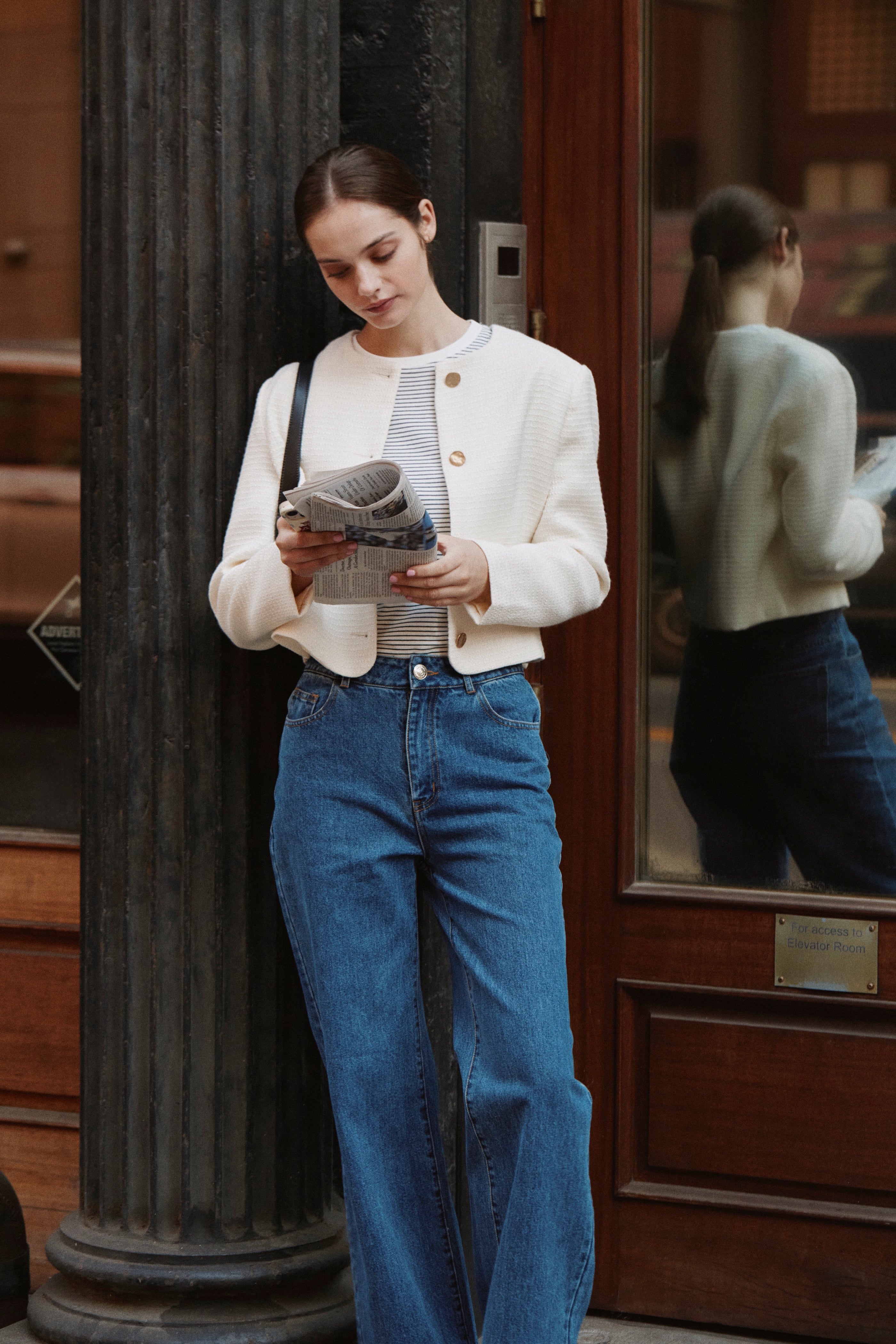 Textured Collarless Jacket in Tweed White