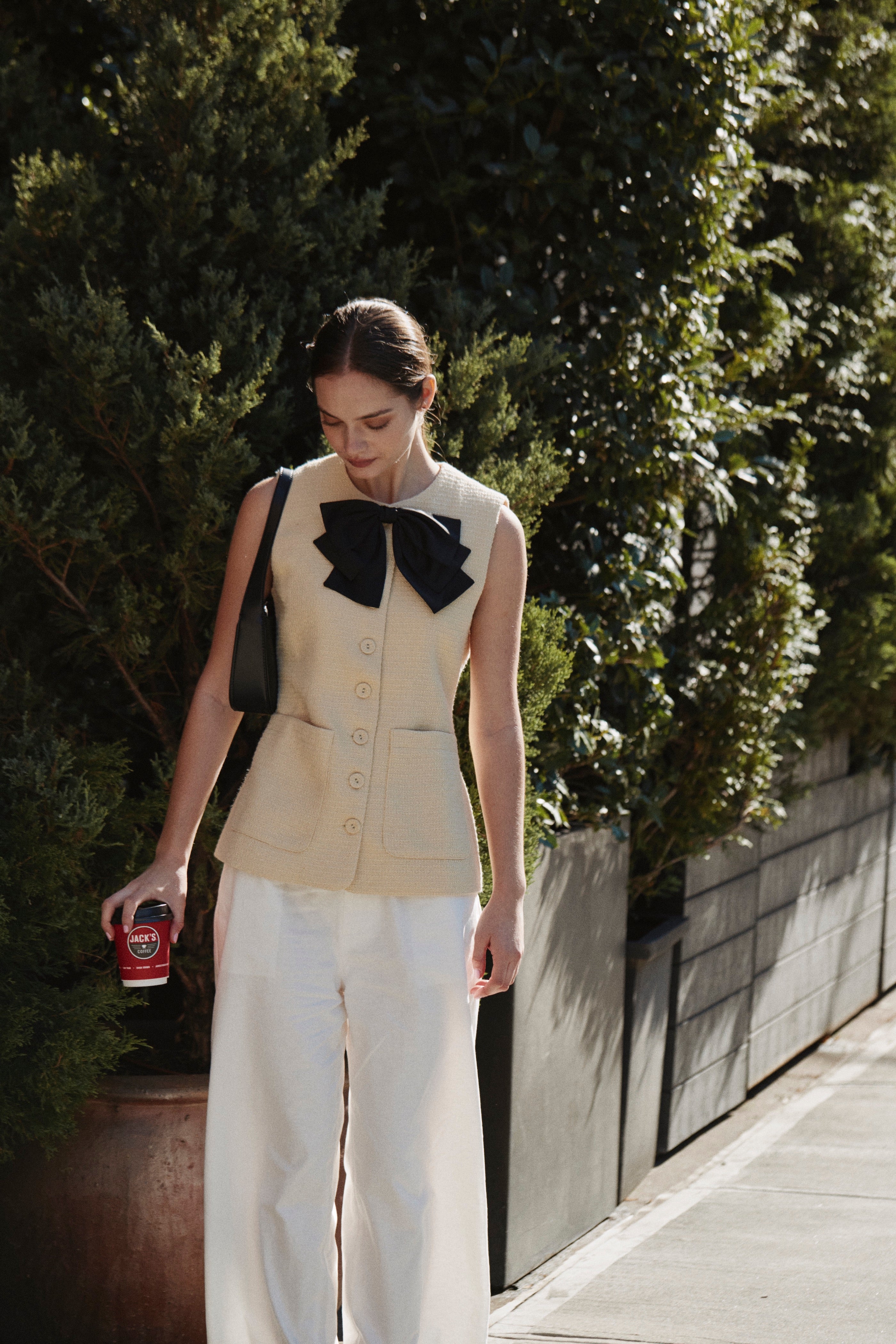 Textured Long Round Neck Waistcoat in Tweed Yellow with Detachable Bow