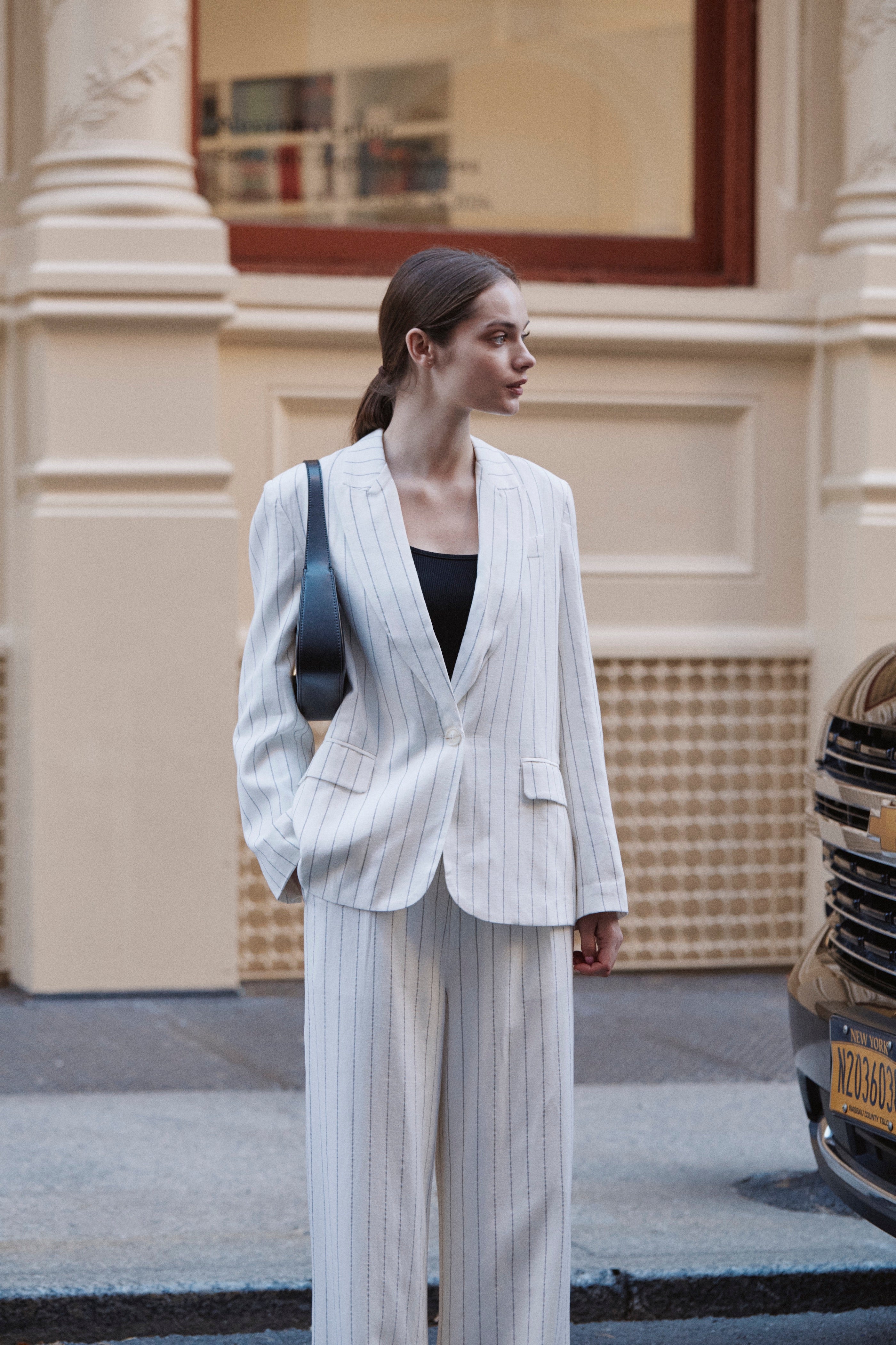 Linen Blend Blazer in White Stripes