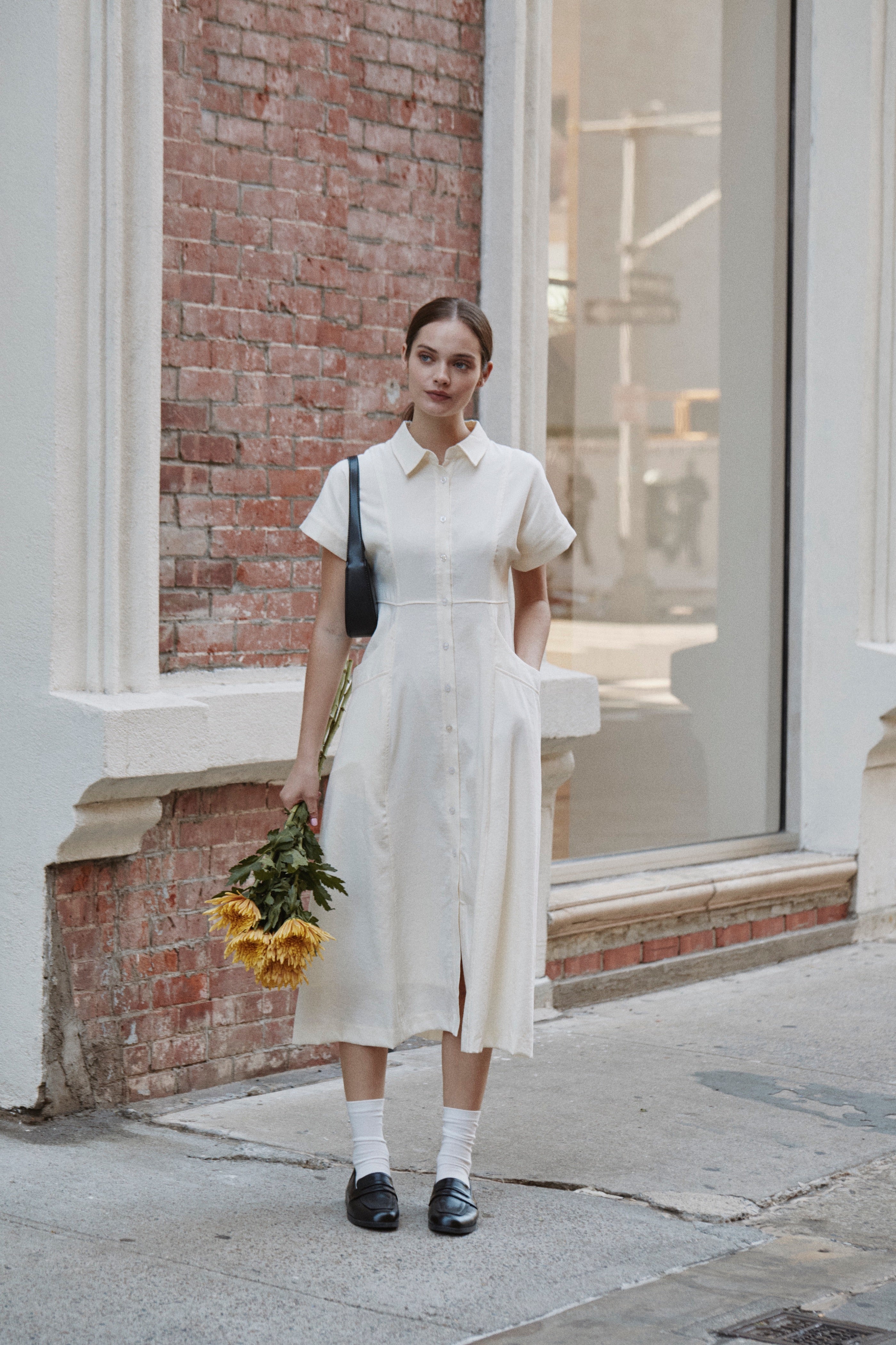 A-line Shirt Dress with Pockets in Natural