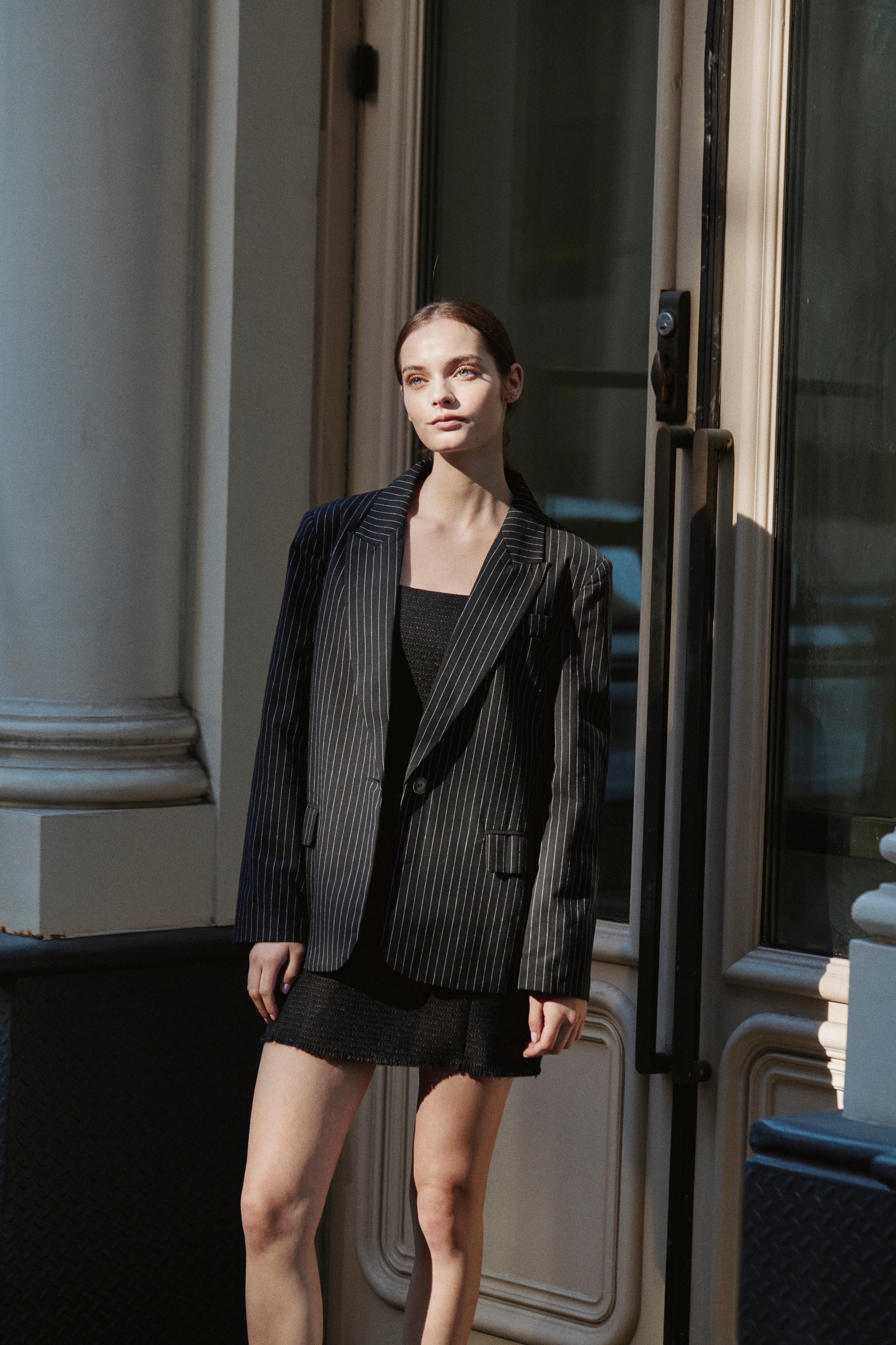 Linen Blend Blazer in Black Stripes