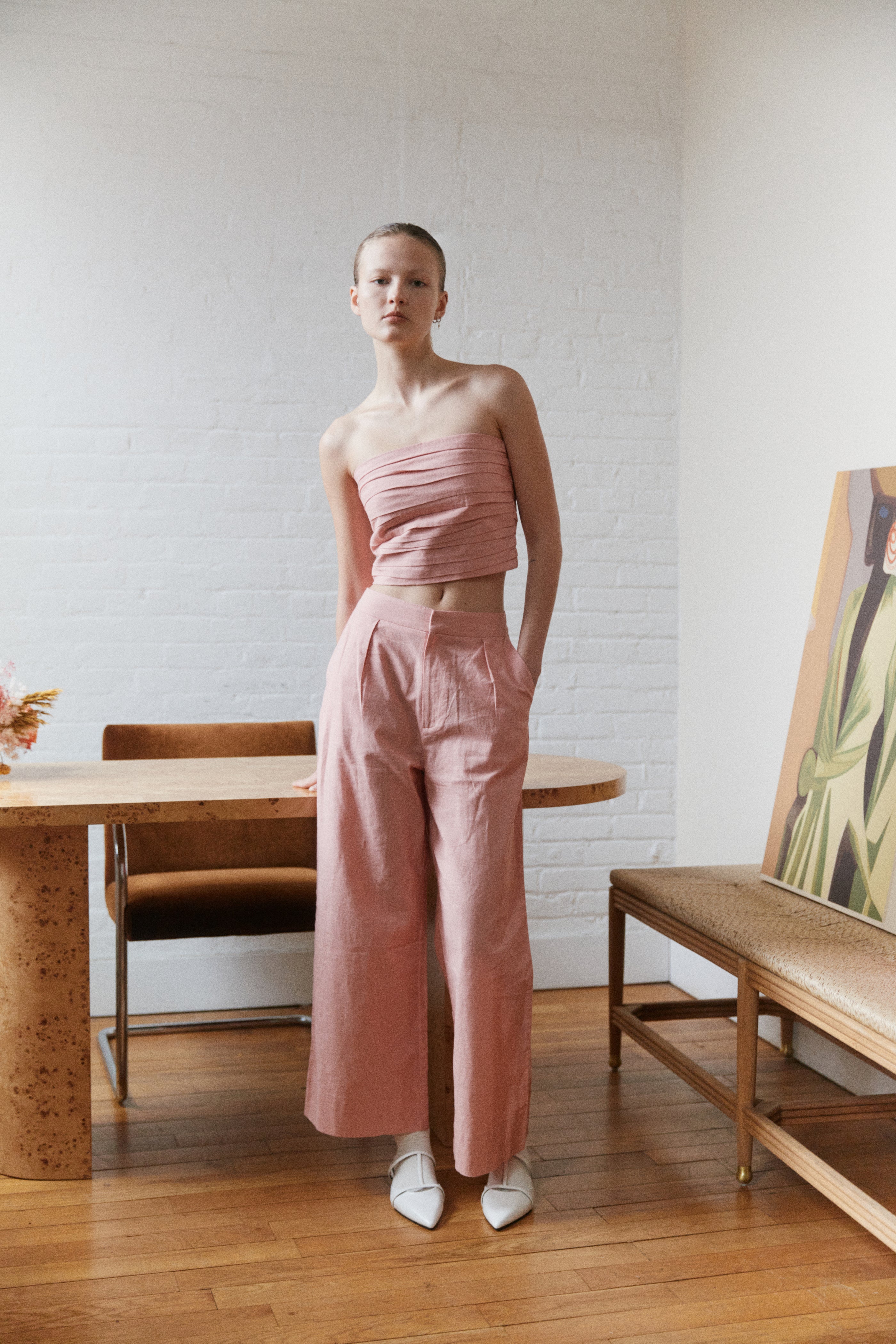 Textured Linen Trousers in Tea Rose