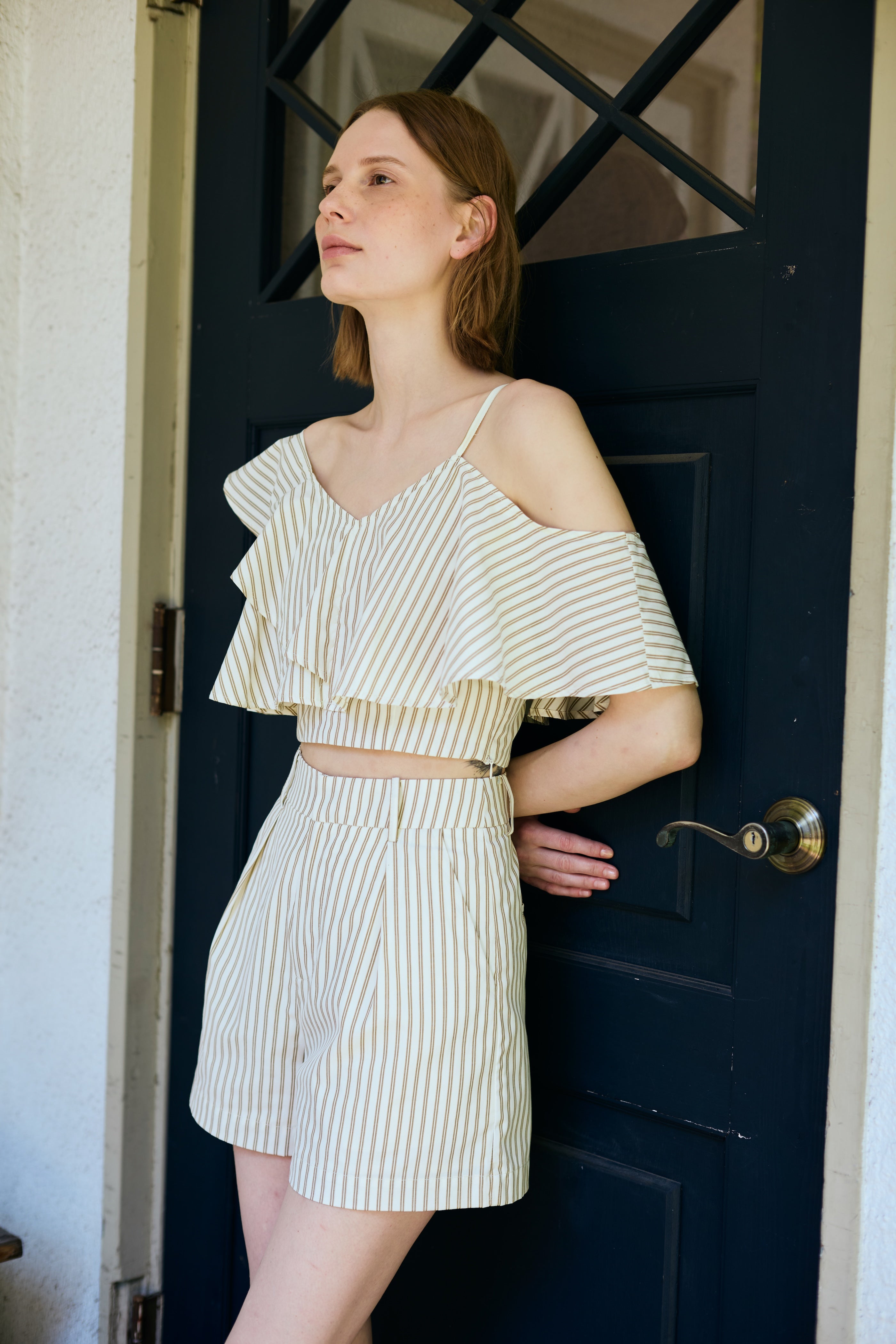 Pleated Shorts in Tan Stripe