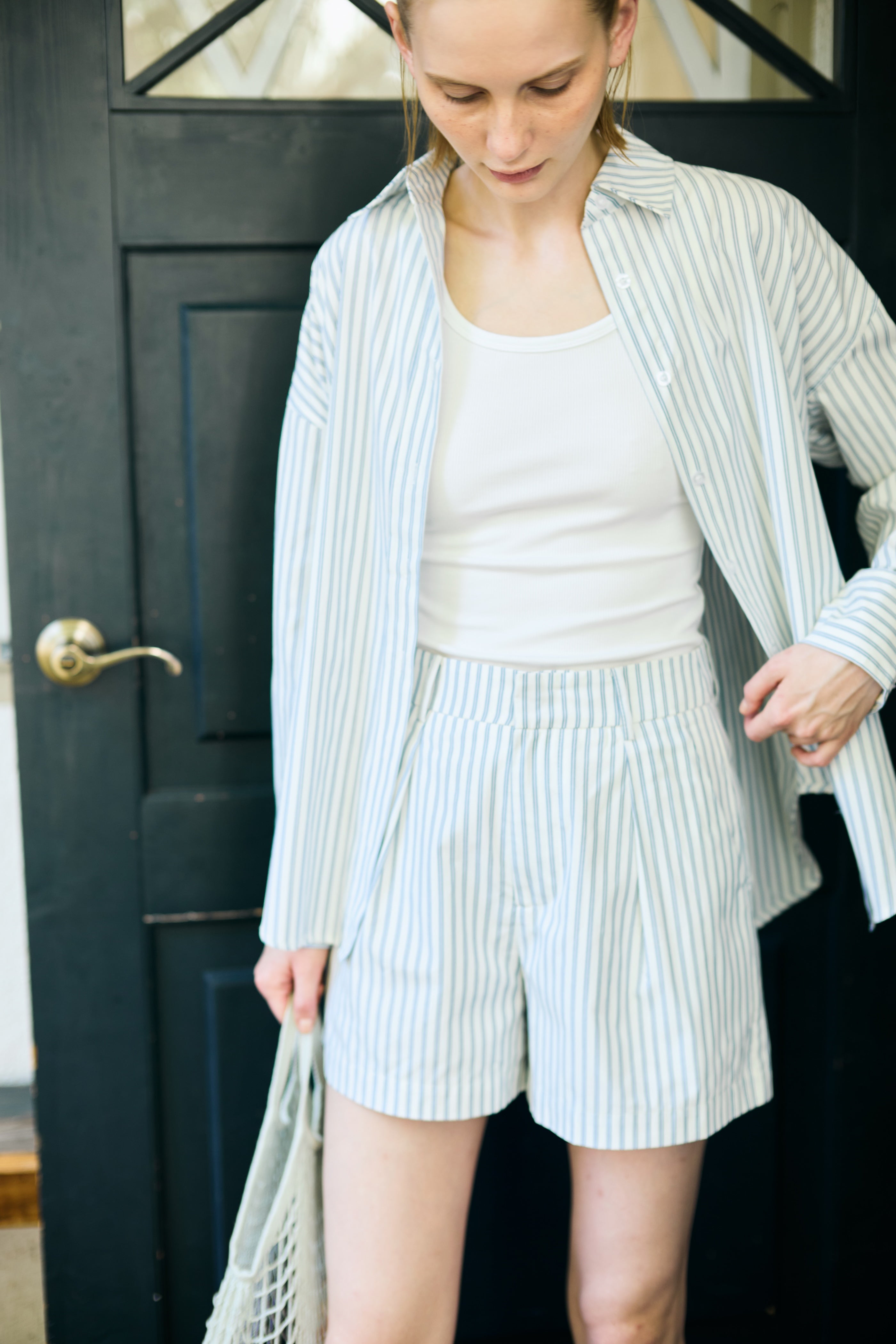 Pleated Shorts in Coast Blue Stripe