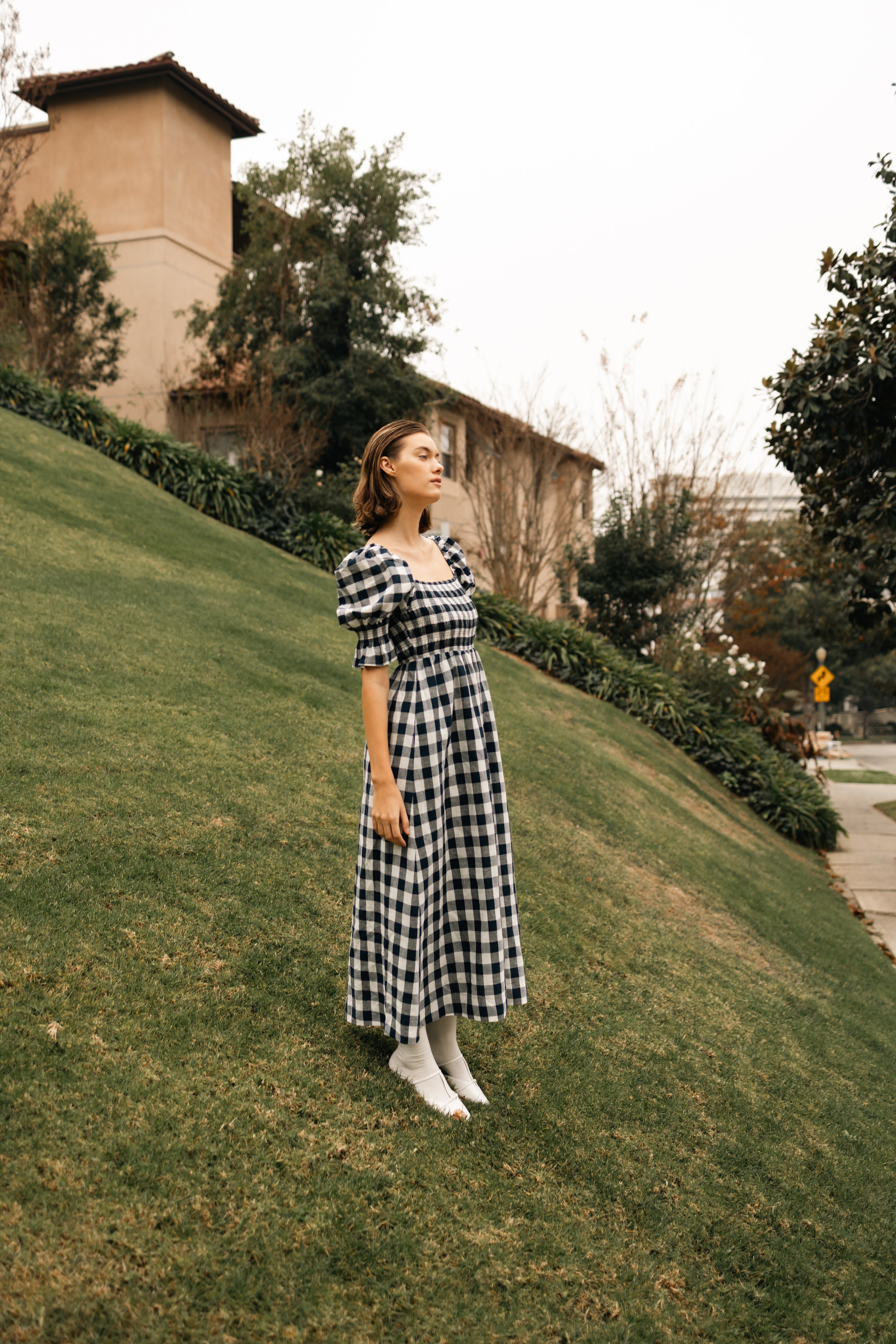 Puff Sleeve Midi Dress With Smocking Details in Navy Gingham