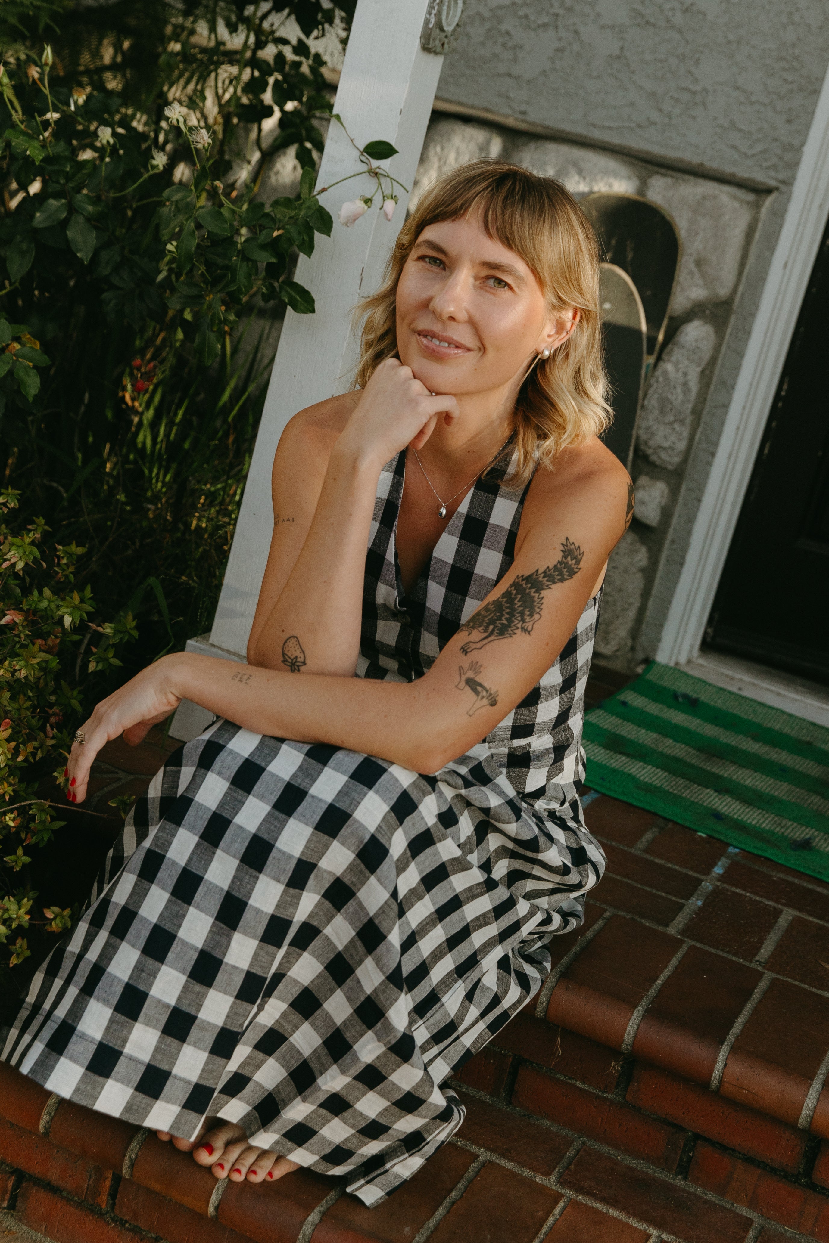 Linen Halter Padded Waistcoat in Navy Gingham