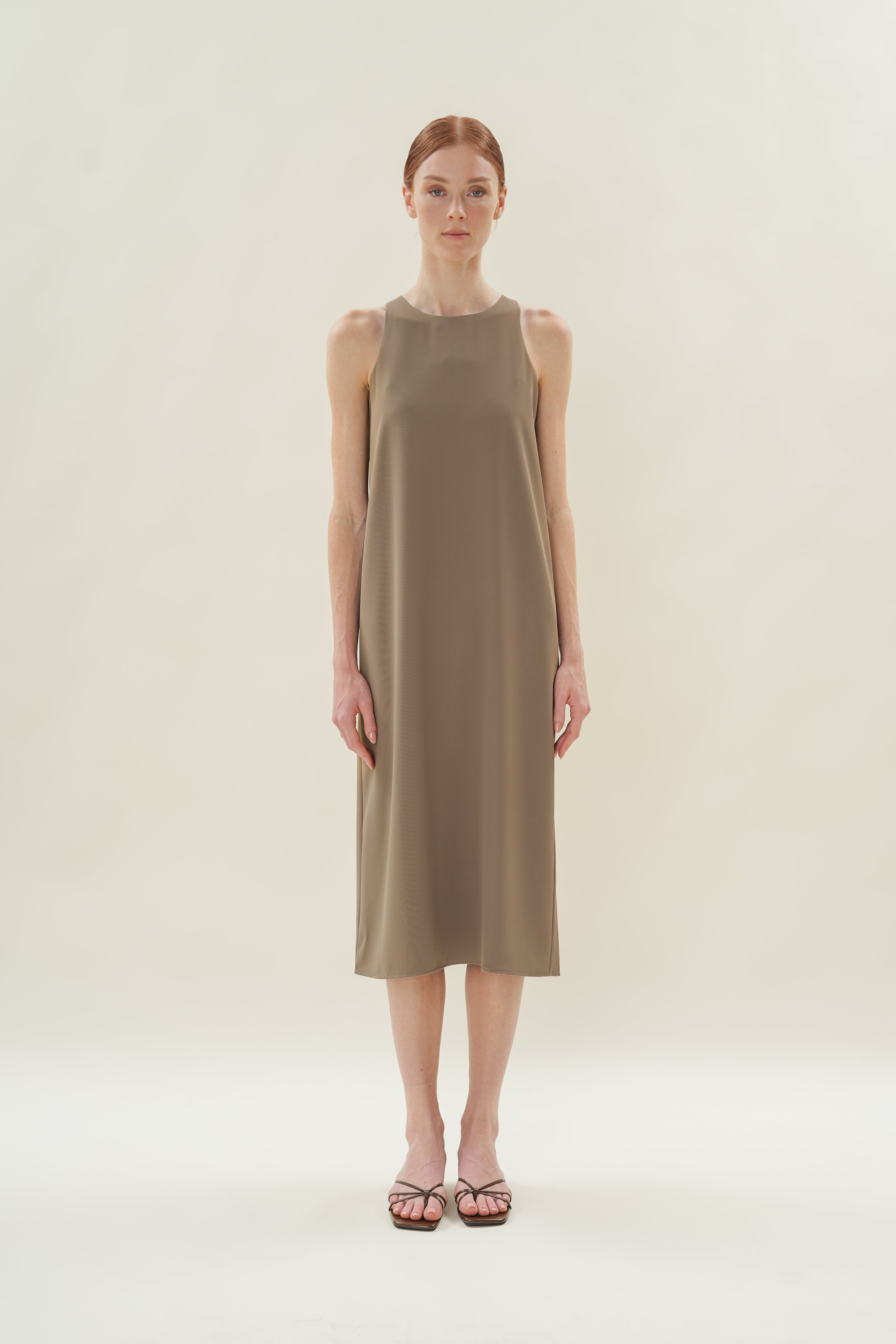 Round Neck Midi Dress in Taupe